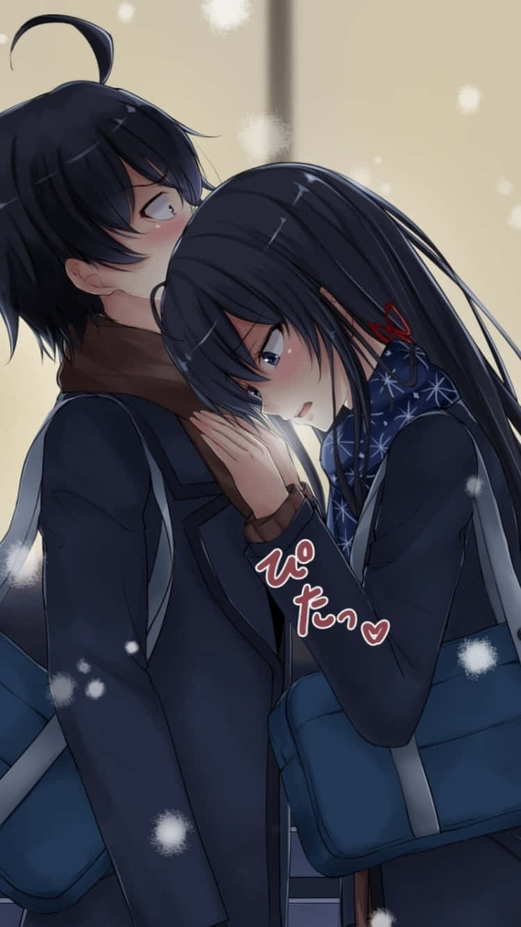 blushing anime 桌布 壁紙 — 兩個動漫青少年在飄雪中溫暖擁抱，周圍有柔和發光的粒子。