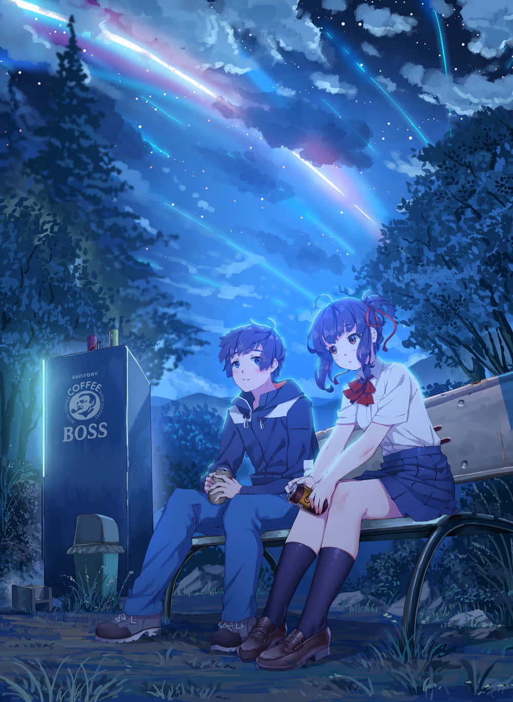 你的名字 桌布 壁紙 — 兩個動漫青少年坐在長椅上，頭上是繁星點點的夜空，點綴著充滿活力的宇宙光帶。
