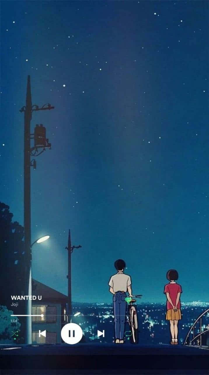Lo Fi Aesthetic 桌布 壁紙 — 兩個動漫青少年夜晚站在屋頂上，凝視著星空，下方有城市燈光，附近有街燈。