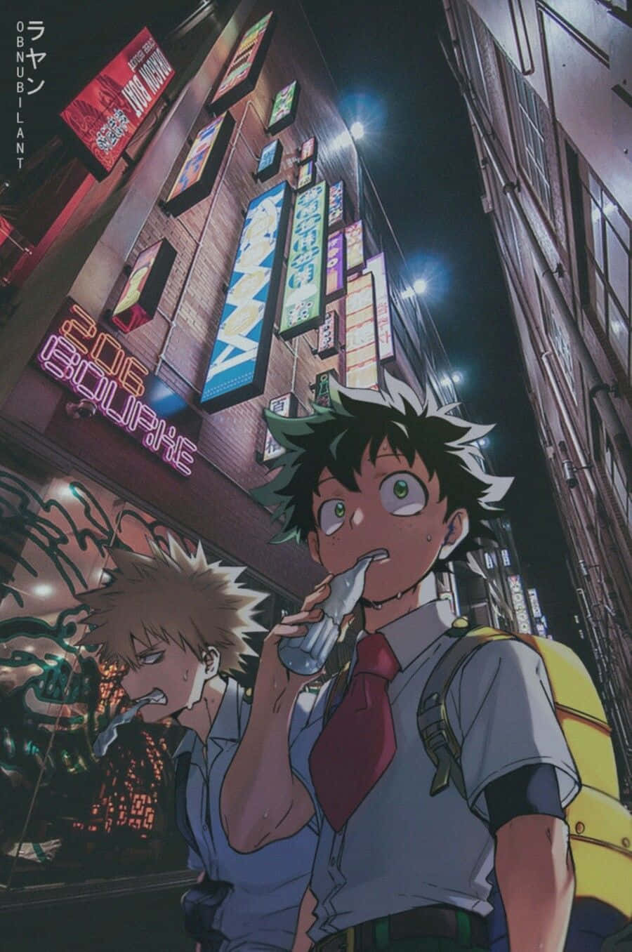 Bakugou Aesthetic 桌布 壁紙 — 兩個動漫青少年夜晚站在霓虹燈照亮的東京小巷中，其中一人正在喝瓶子裡的飲料，周圍是發光的招牌和塗鴉。