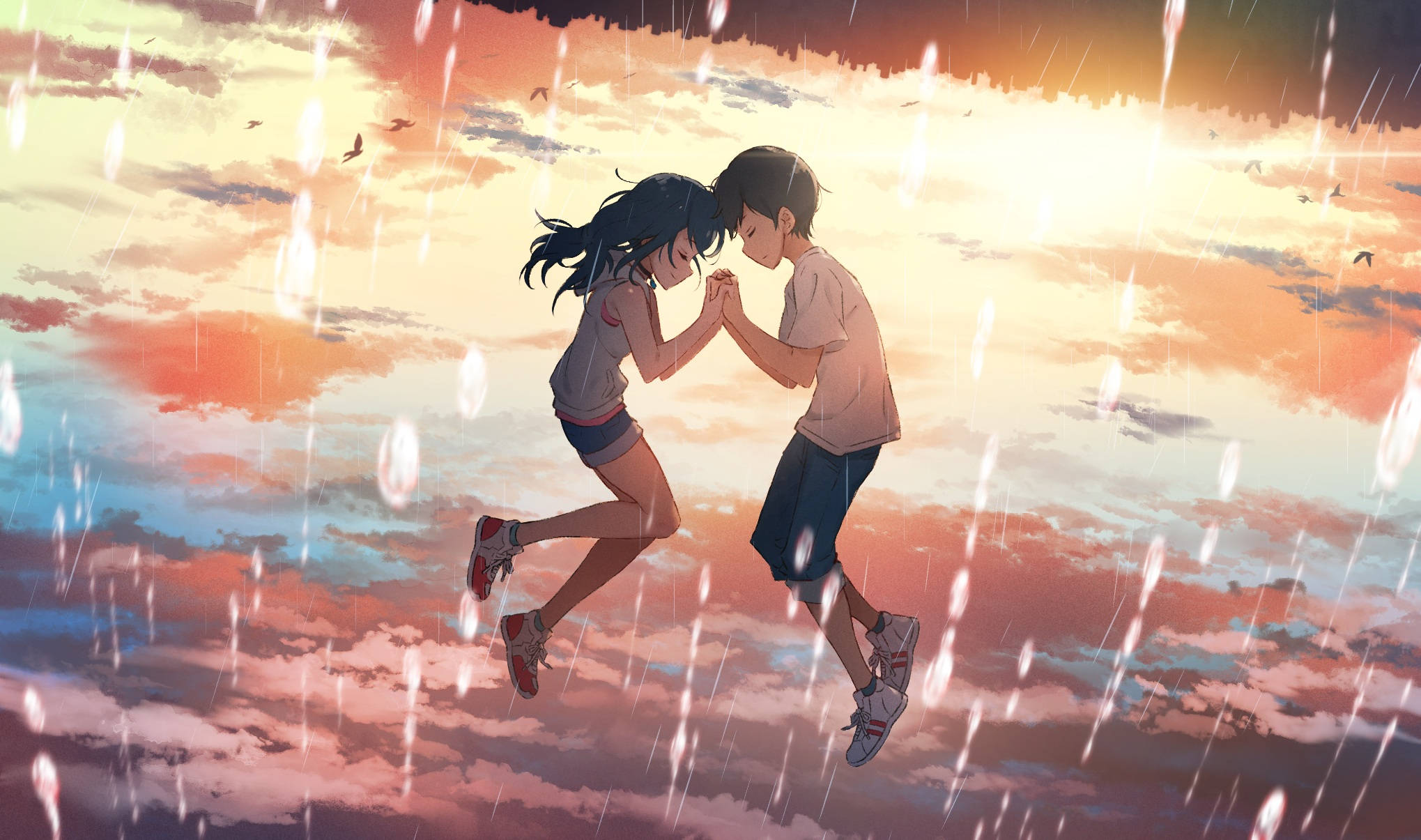 Weathering 桌布 壁紙 — 兩個動漫青少年手牽手，跳過充滿活力的日落暴雨，伴隨著發光的雨滴。