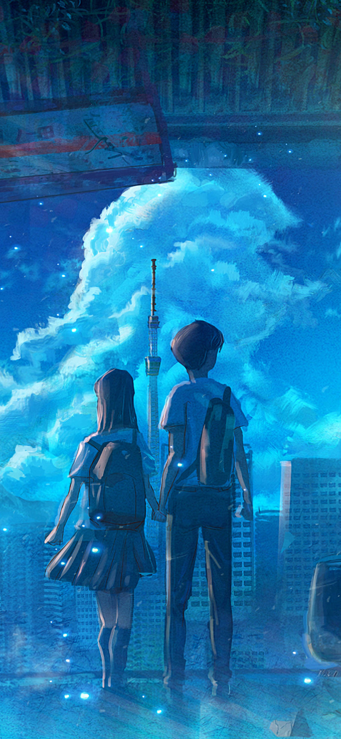 手機 桌布 壁紙 — 兩個動漫青少年手牽手站著，凝視著下方有塔樓和城市景觀的發光藍色天空。