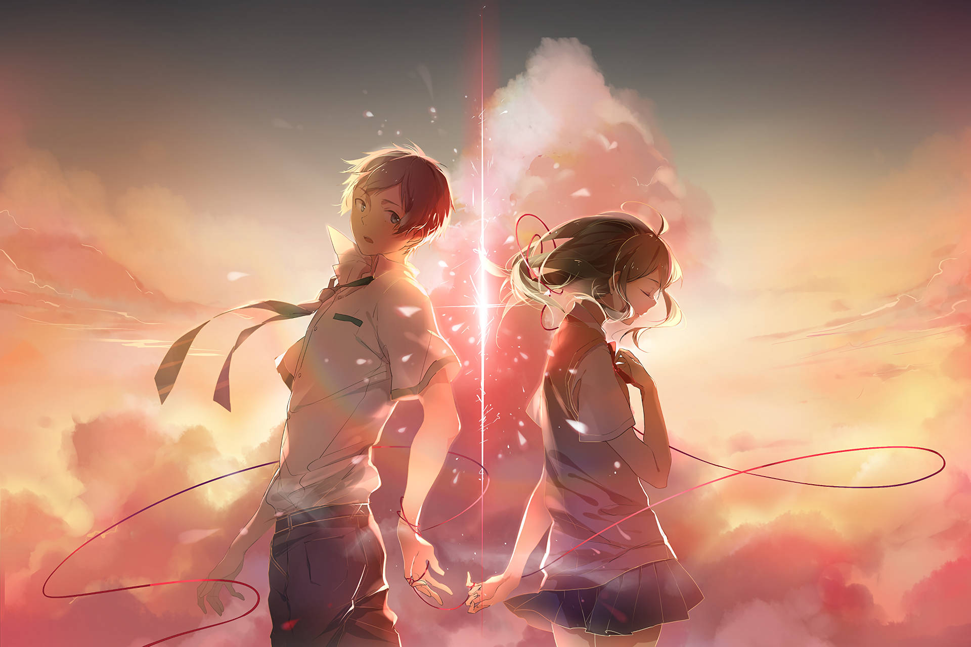動漫 桌布 壁紙 — 兩個動漫青少年站在發光的日落天空背景下，有漂浮的粒子和紅色的能量線連接他們。