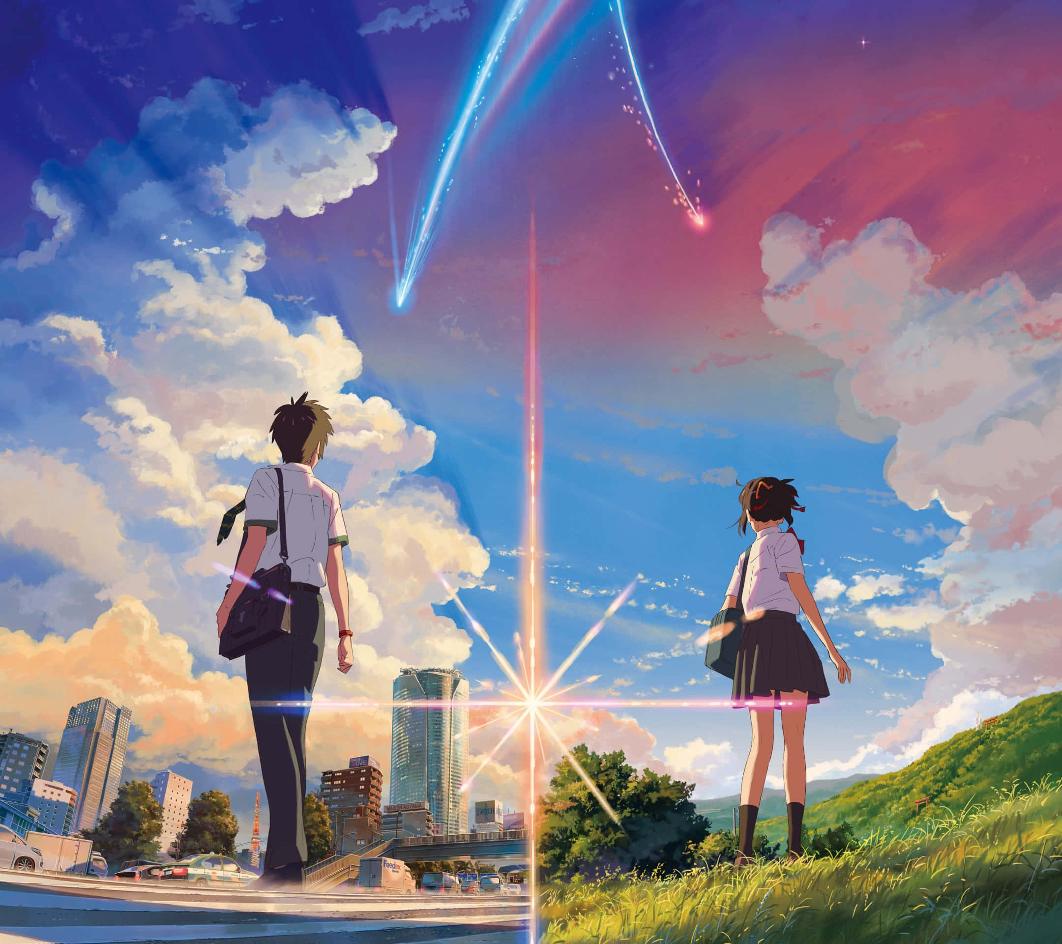 你的名字 桌布 壁紙 — 兩個動漫青少年站在發光的星爆兩側，凝視著在 vibrant 日落天空下劃過的光線。