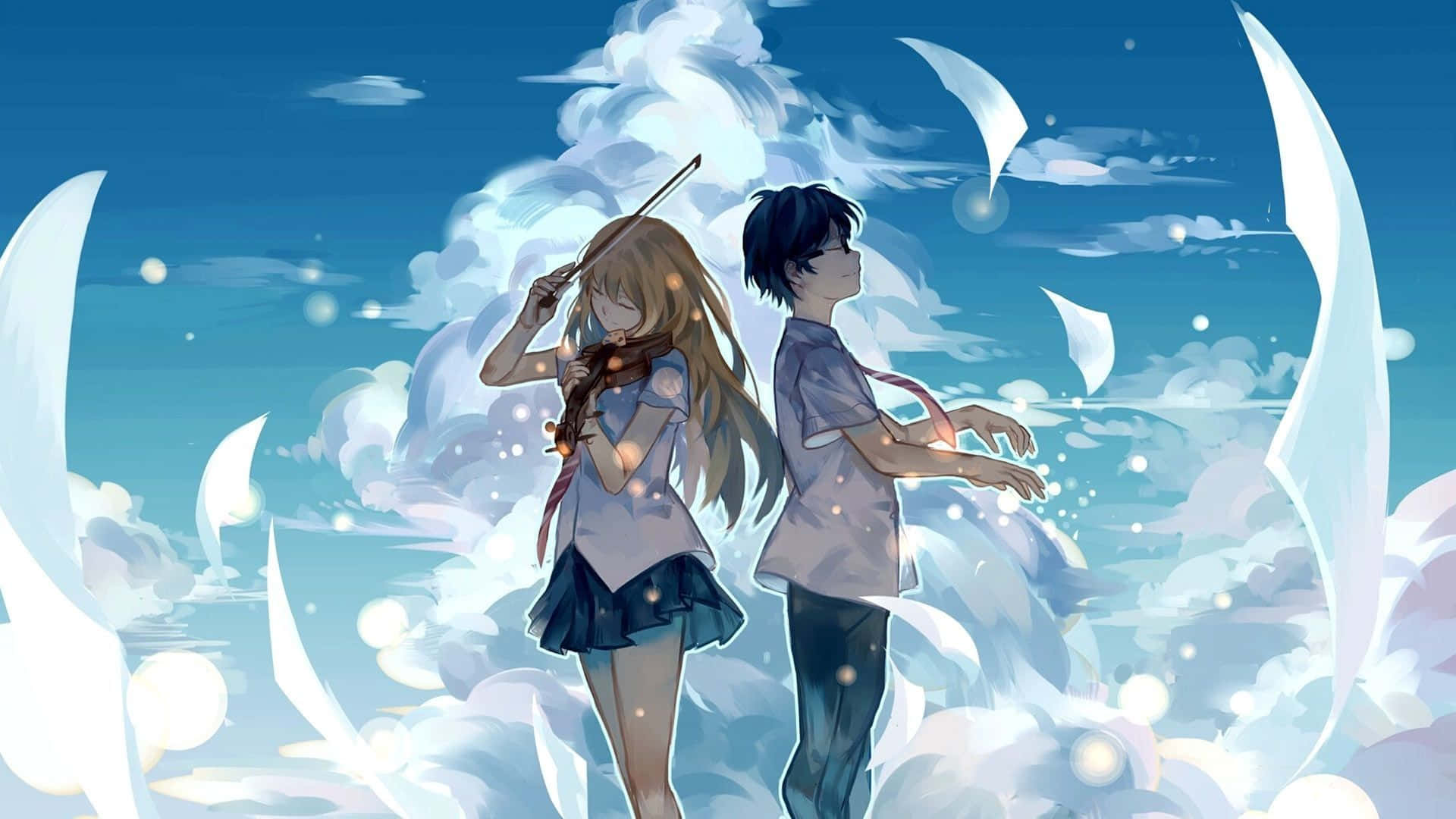 藍色美學 桌布 壁紙 — 兩個動漫青少年站在發光的雲層中，在寧靜的藍天下手持發光的法杖。