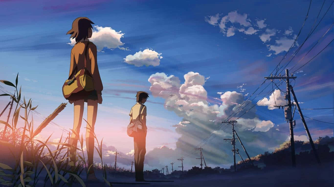 語錄 桌布 壁紙 — 兩個動漫青少年站在鄉間小路上，在日落時分看著雲朵飄過電線和高草。
