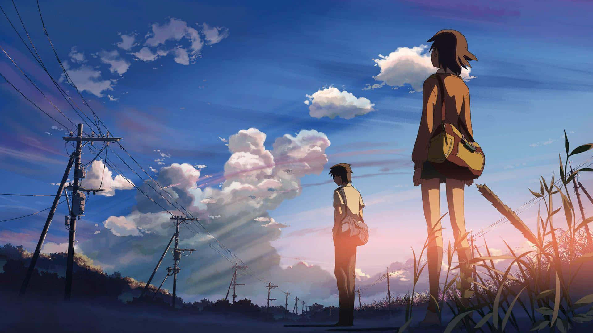 Beautiful Anime 桌布 壁紙 — 兩個動漫青少年站在高高的草叢中，天空下是充滿活力的日落，有蓬鬆的雲朵和延伸到遠方的電線。