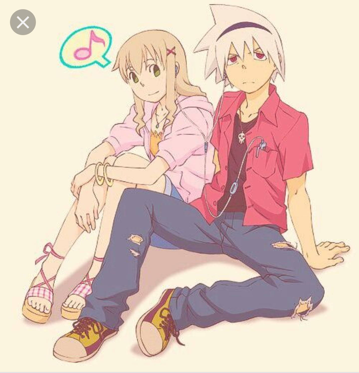 Soul Eater Characters 桌布 壁紙 — 兩個動漫青少年背對背坐著，共享耳機，一個音符漂浮在他們頭頂上方。