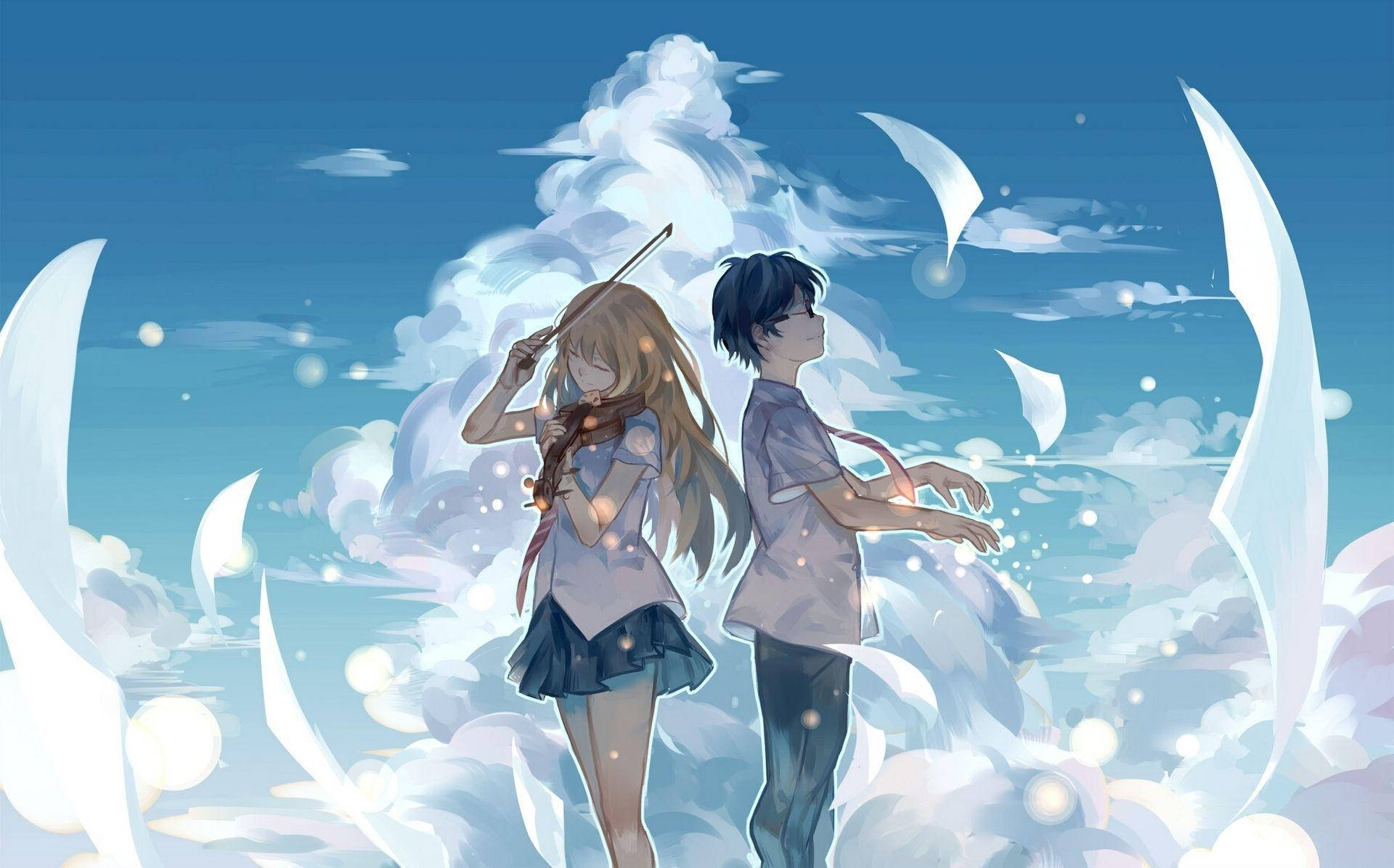 lie 桌布 壁紙 — 兩個動漫青少年背對背站在夢幻的天空中，充滿發光的雲朵和漂浮的紙船。