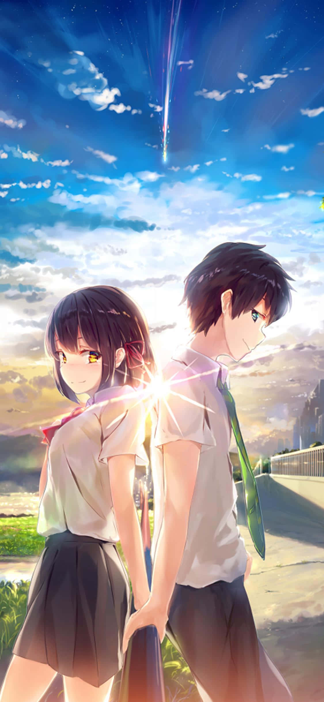 kimi no na wa phone 桌布 壁紙 — 兩個動漫青少年背對背站在星空下，一顆明亮的流星從頭頂劃過。