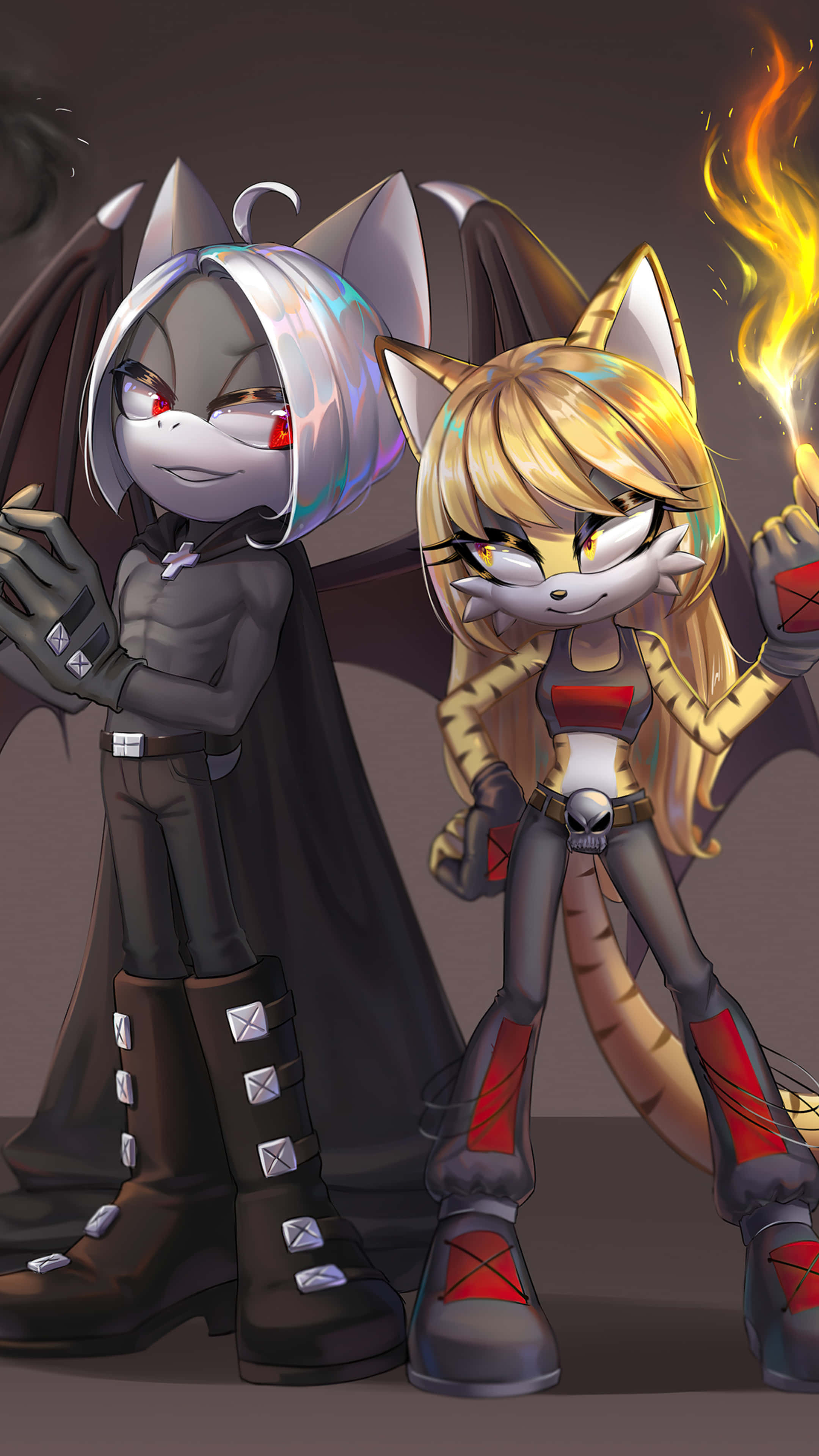 Sonic Characters 桌布 壁紙 — 兩個動漫風格、擁有蝙蝠翅膀的角色，一個灰色紅眼，另一個金色帶火焰光環，自信地站在黑暗背景前。