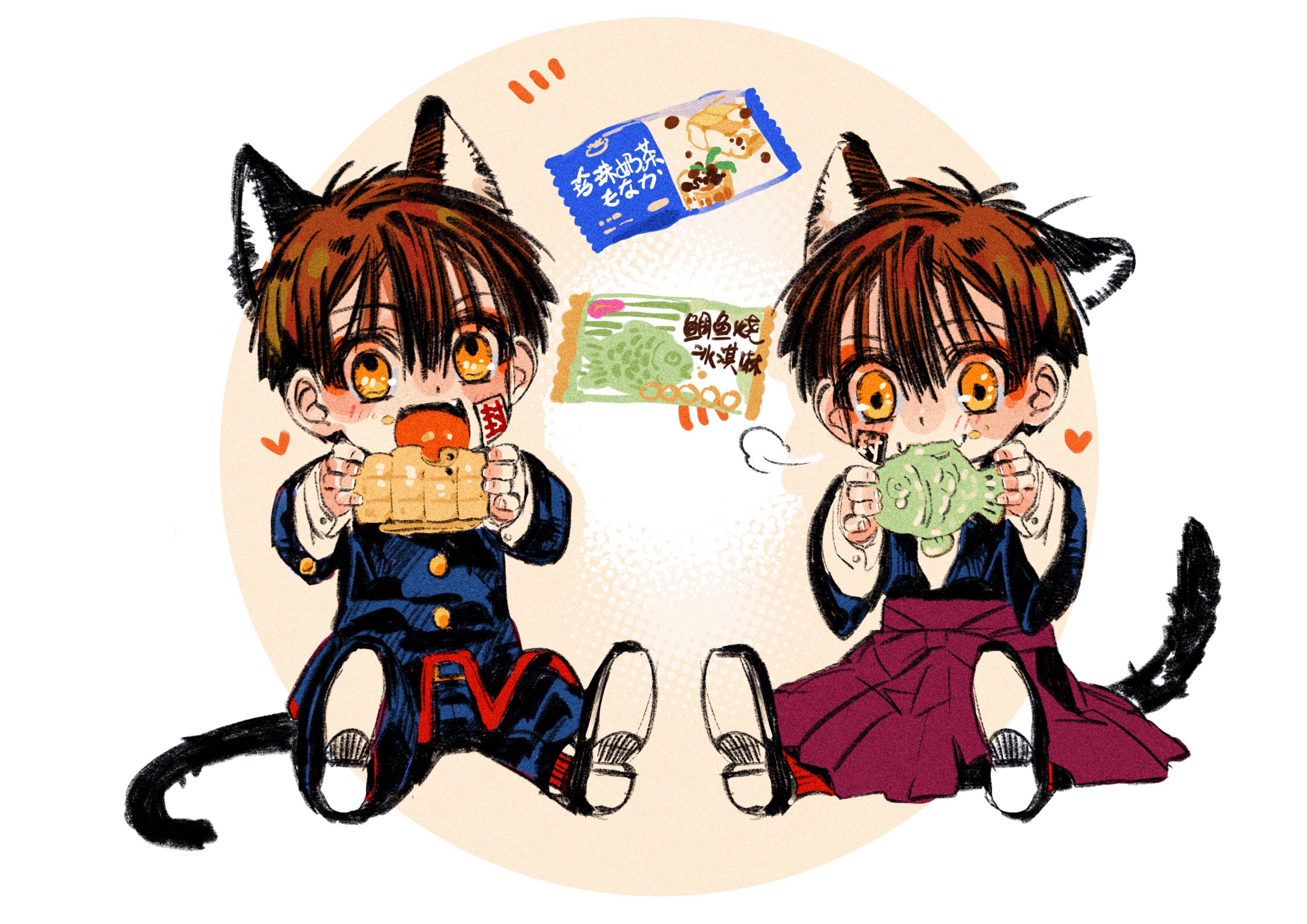hanako 桌布 壁紙 — 兩個動漫風格、穿著校服、有貓耳朵的小孩，帶著興奮的表情開心吃著色彩繽紛的零食。