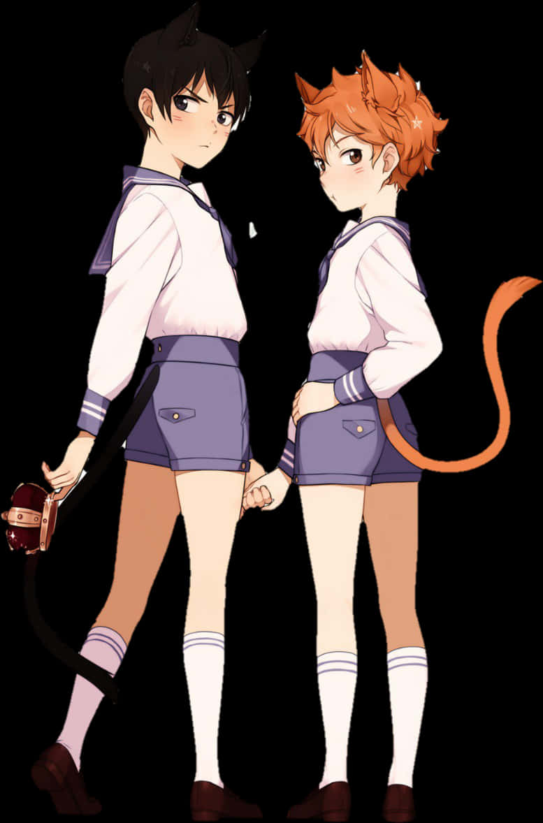 日向 桌布 壁紙 — 兩個動漫風格、穿著水手服、有貓耳的少年少女在黑色背景前牽手。