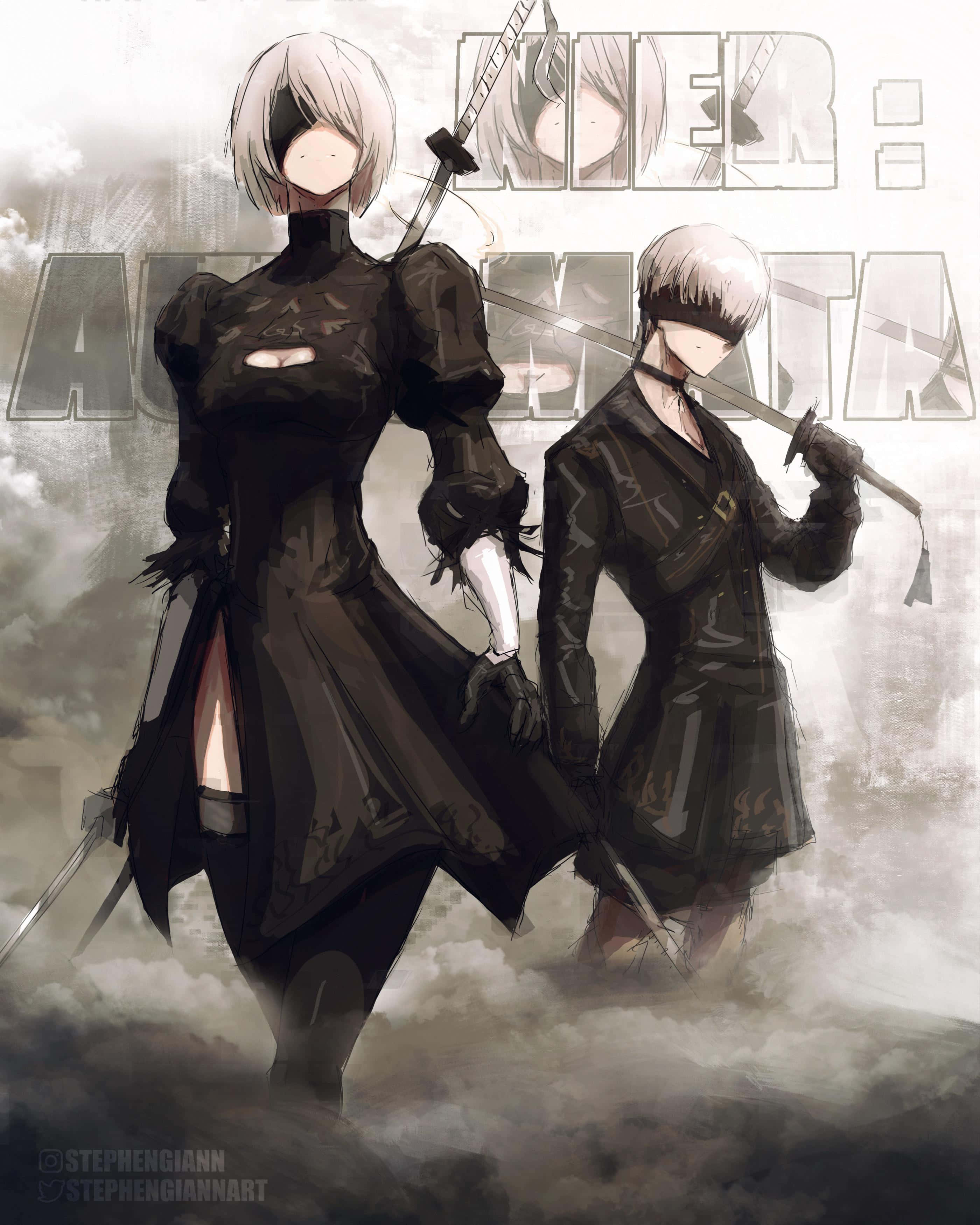 2B 桌布 壁紙 — 兩個動漫風格、身穿黑色服裝、揮舞劍的人物站在暴風雲中，帶有褪色的遊戲標題疊加。