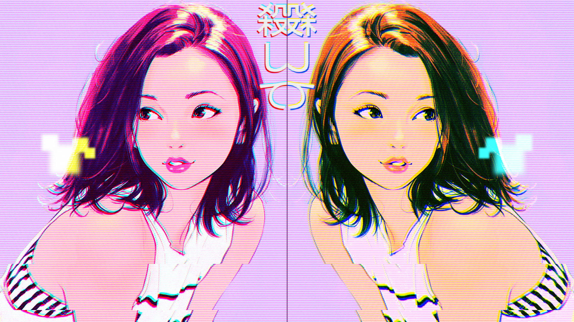 Sister 桌布 壁紙 — 兩個動漫風格女孩，帶有故障霓虹髮絲和像素化效果，背景為粉紅色。