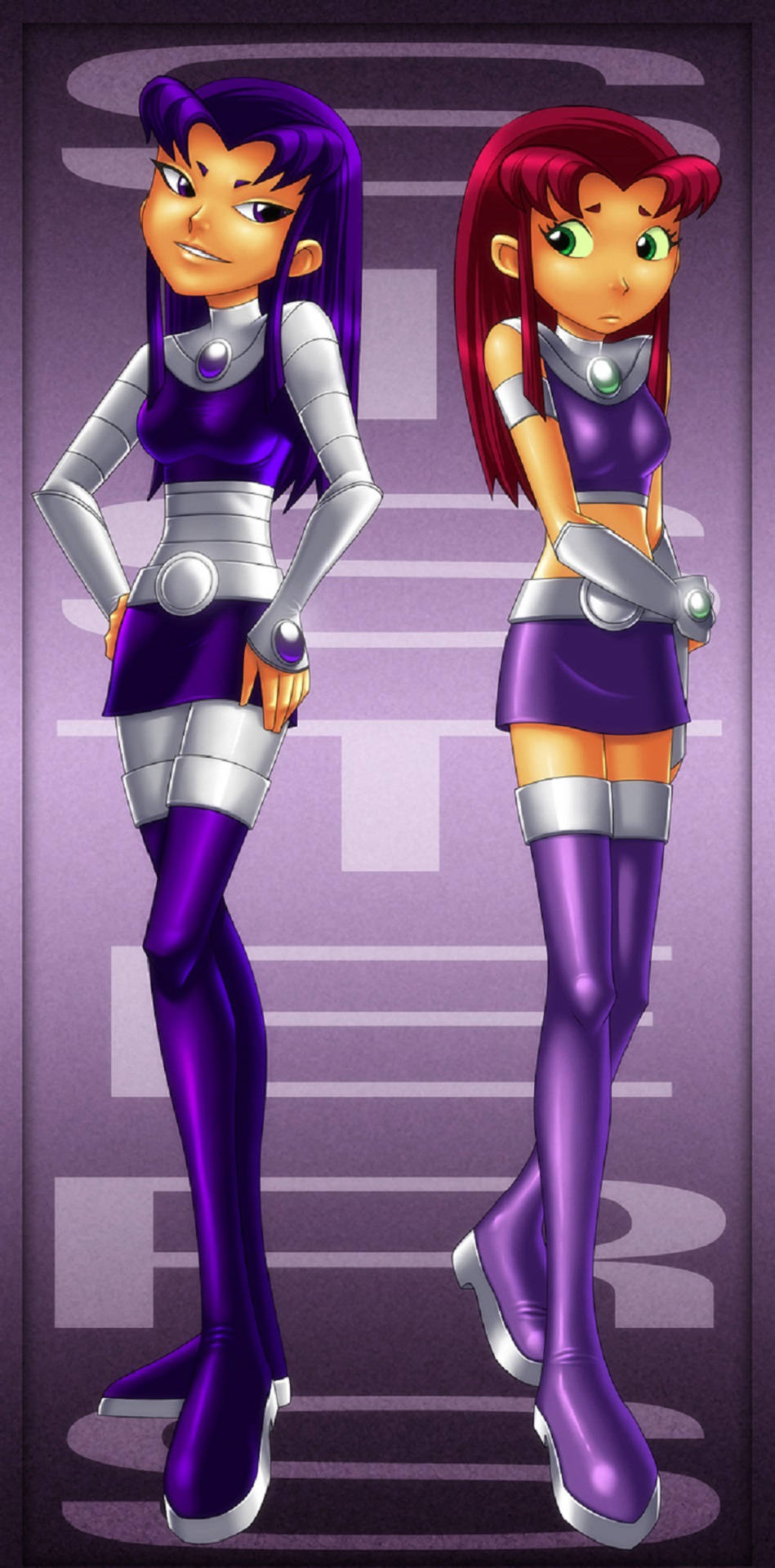 兩個動漫女孩穿著紫色和銀色的超級英雄服裝自信地擺姿勢。 — Fire Emblem Warriors 壁紙