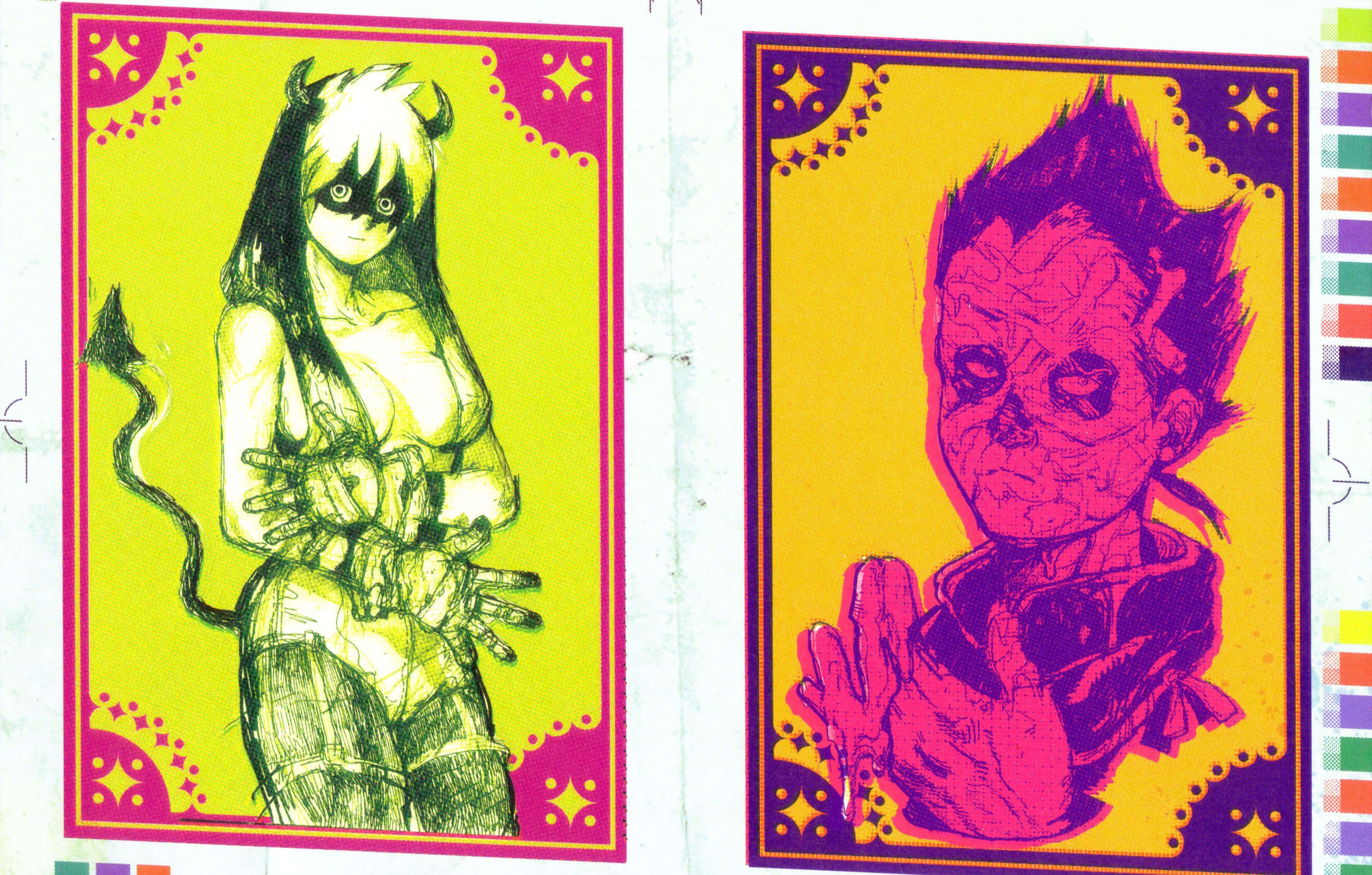 dorohedoro 桌布 壁紙 — 兩個動漫風格插圖角色，帶有惡魔角和尾巴，背景為鮮豔的黃色和粉紅色。