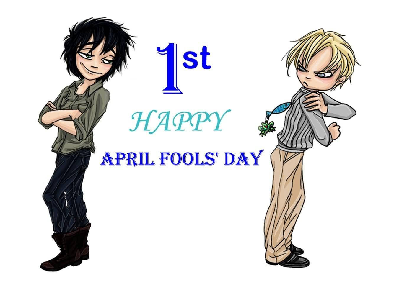 Fools 桌布 壁紙 — 兩個動漫風格男孩以頑皮表情夾著慶祝愚人節的文字。