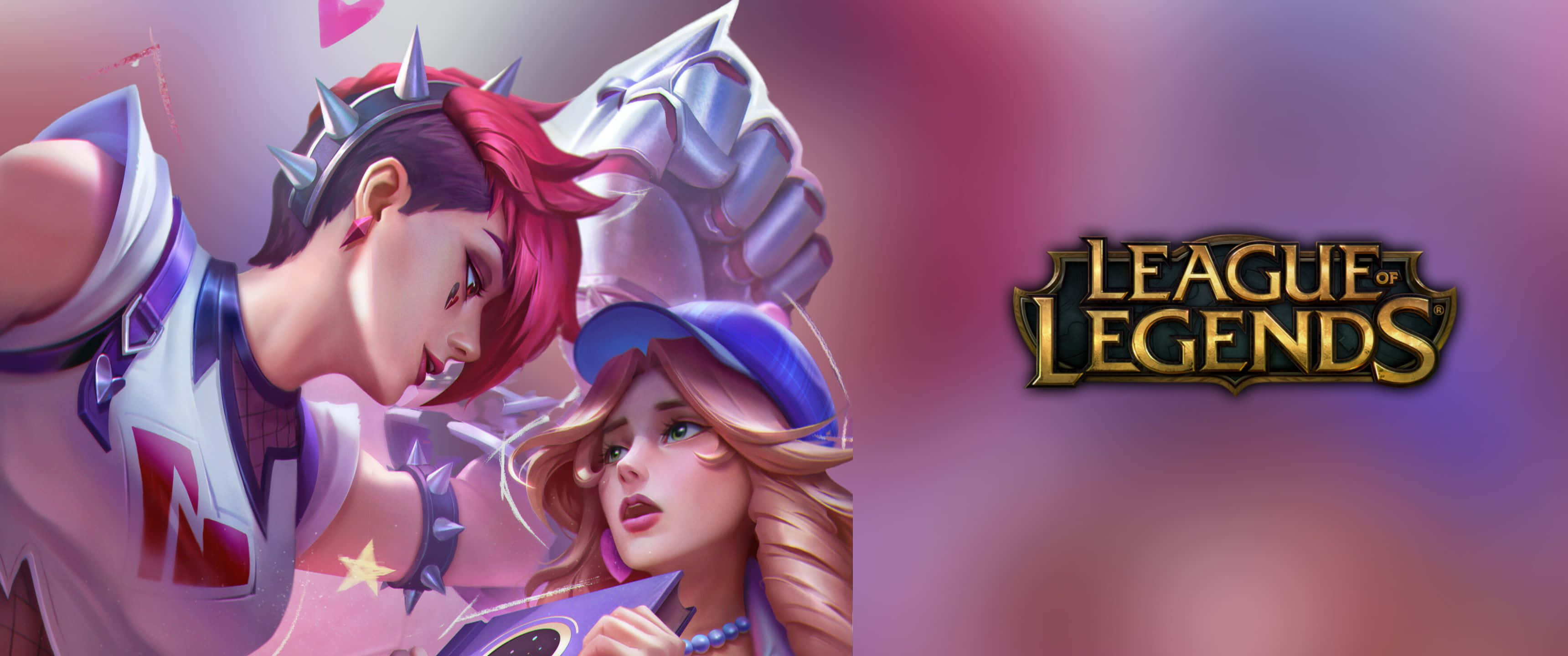 game 桌布 壁紙 — 兩個動漫風格的《英雄聯盟》角色，以動態姿勢呈現在柔和的紫色漸變背景上。