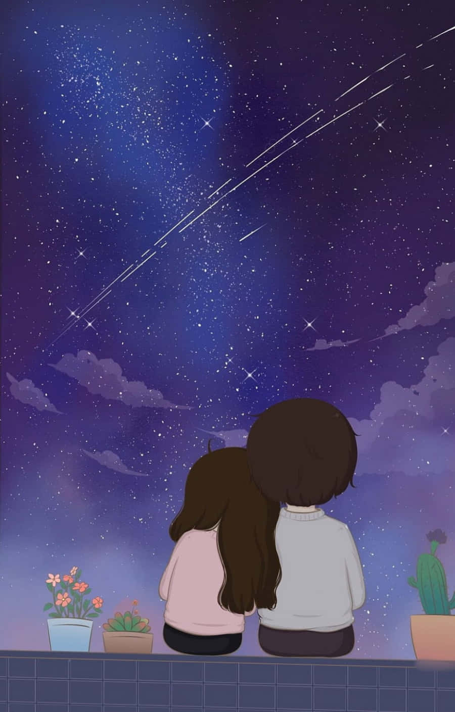 Couple Cartoon 桌布 壁紙 — 兩個動漫風格的人物並排坐在瓷磚邊緣，凝視著充滿星星和流星的 vibrant 紫色夜空。