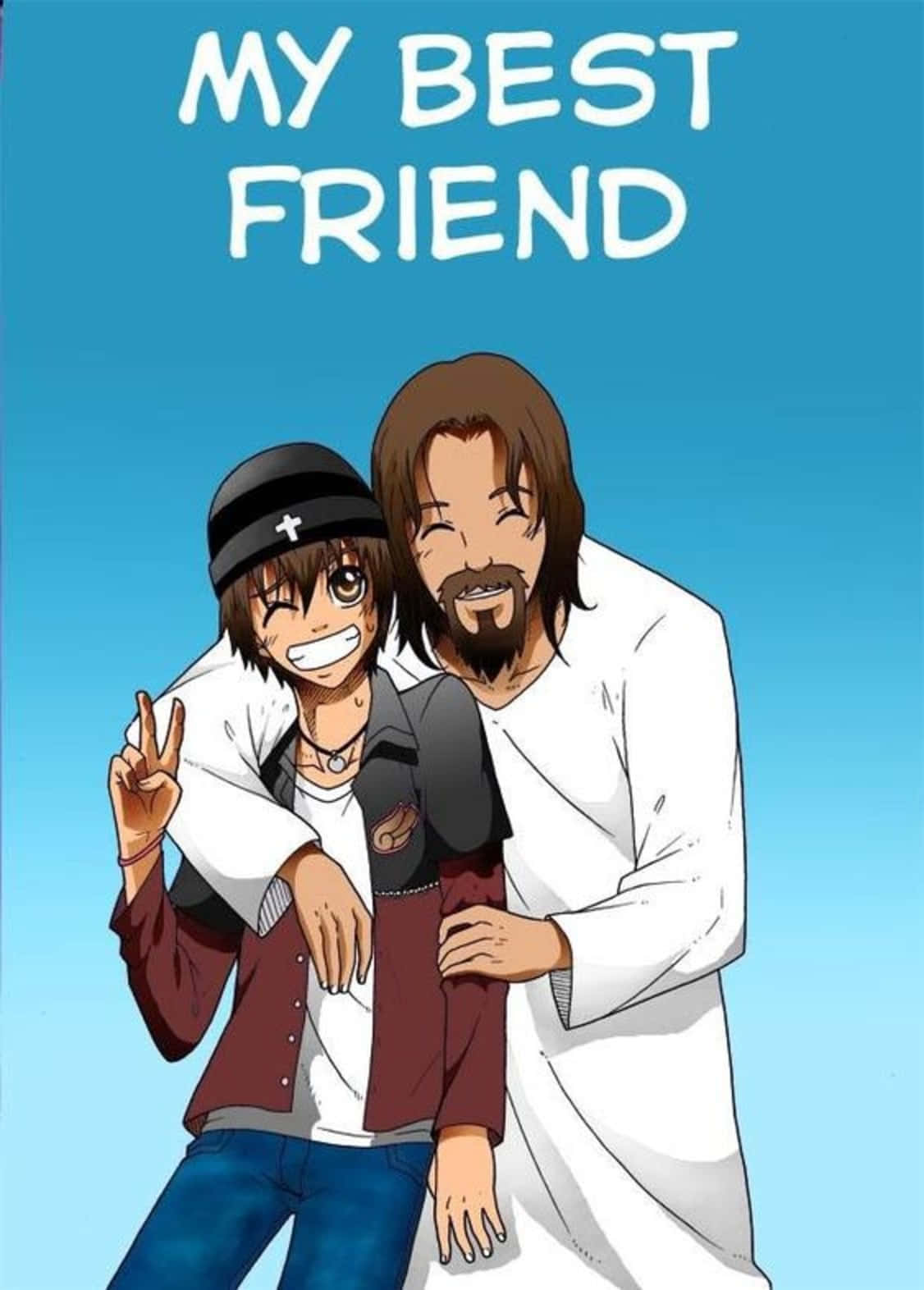 Cool Jesus 桌布 壁紙 — 兩個動漫風格的人物在晴朗的藍天下溫暖地擁抱，並以粗體文字宣告「MY BEST FRIEND」。