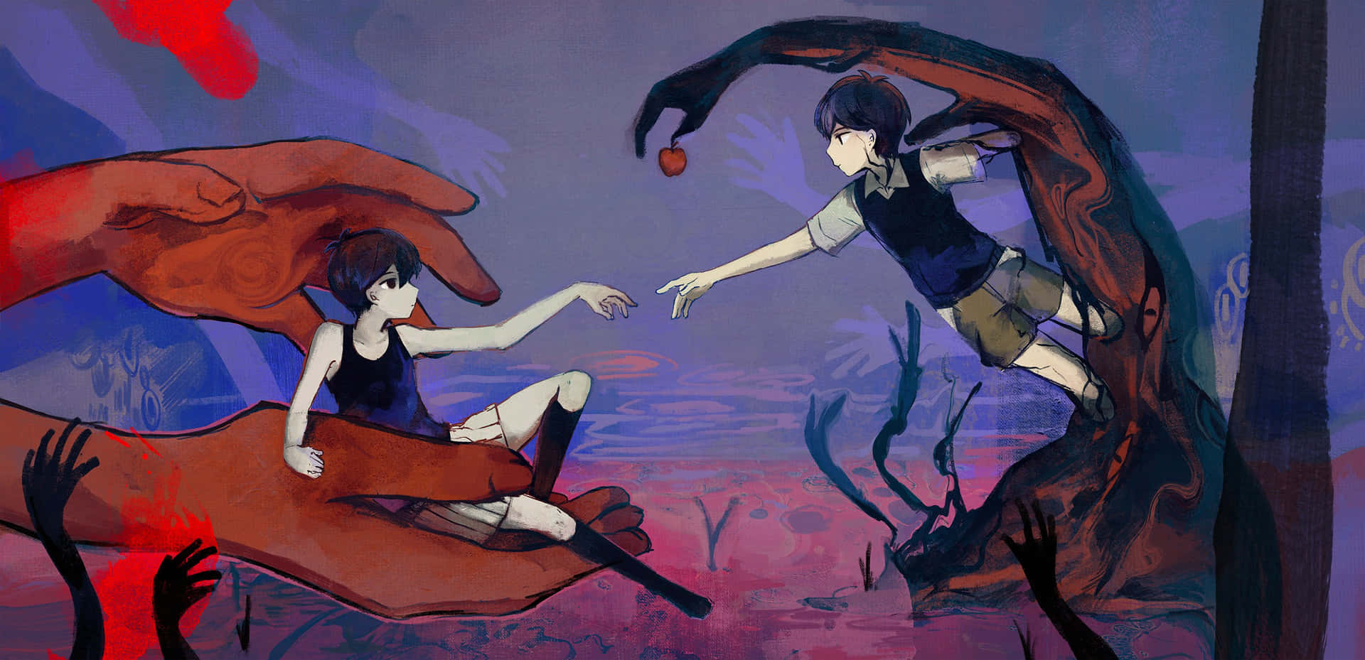 omori 桌布 壁紙 — 兩個動漫風格的人物在暮色天空下，穿過由巨手和漂浮蘋果組成的超現實景觀互相伸手。