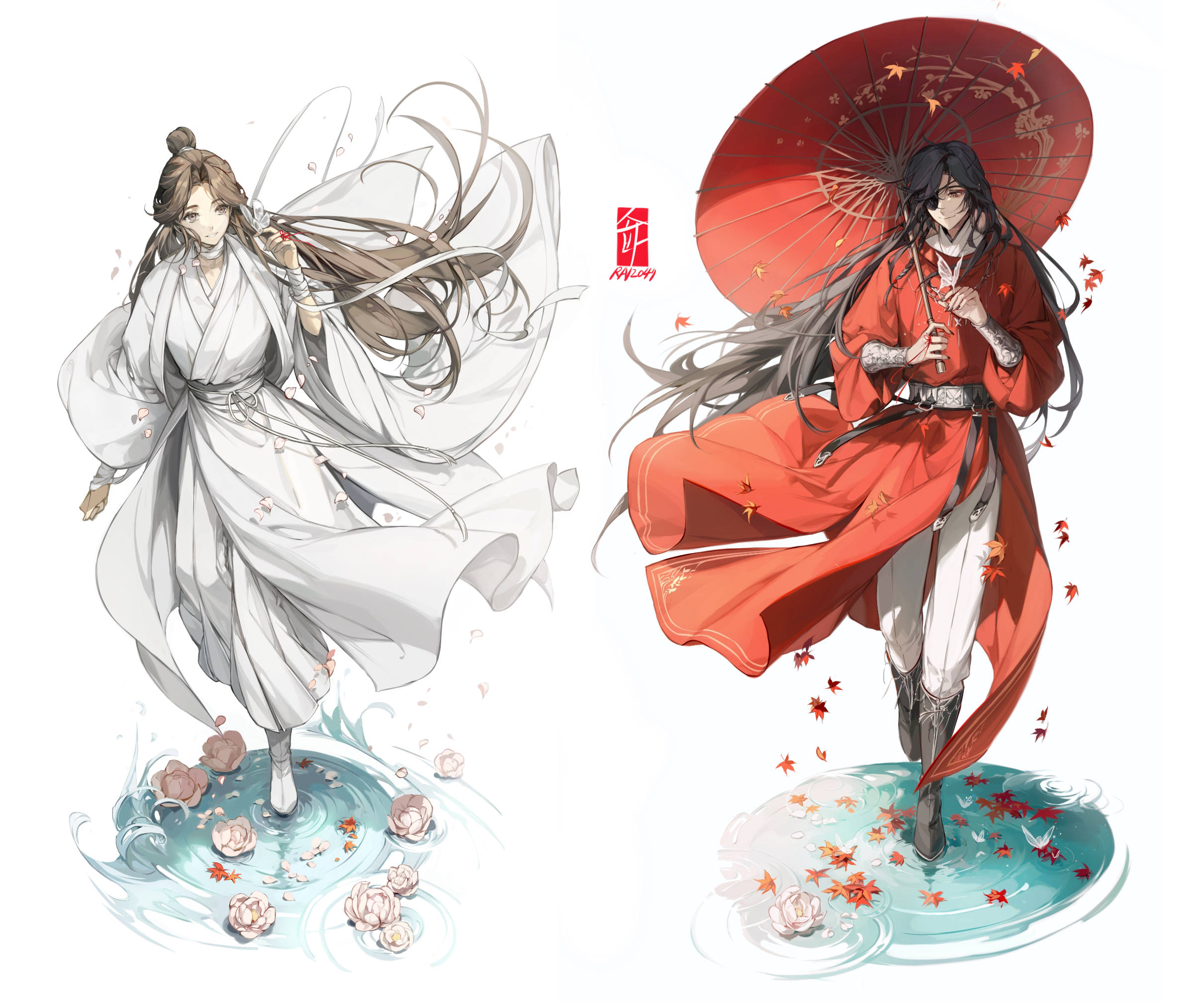 花城 桌布 壁紙 — 兩個動漫風格的人物穿著飄逸長袍站在水中，周圍有漂浮的花朵，一個穿白色，另一個穿紅色，撐著一把傘。