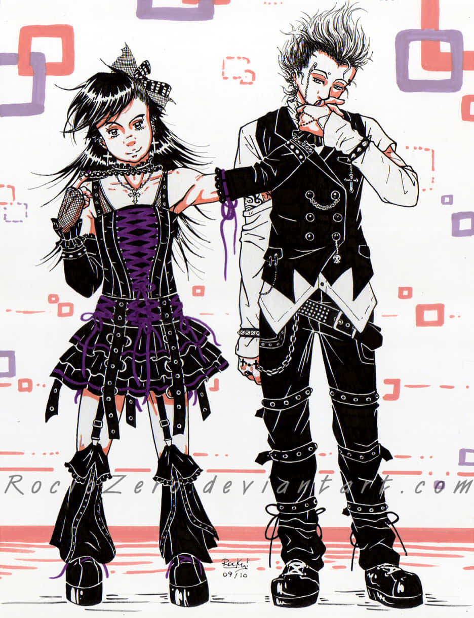 Visual Kei 桌布 壁紙 — 兩個動漫風格的哥德角色穿著黑色和紫色的龐克服裝，站在幾何背景前。