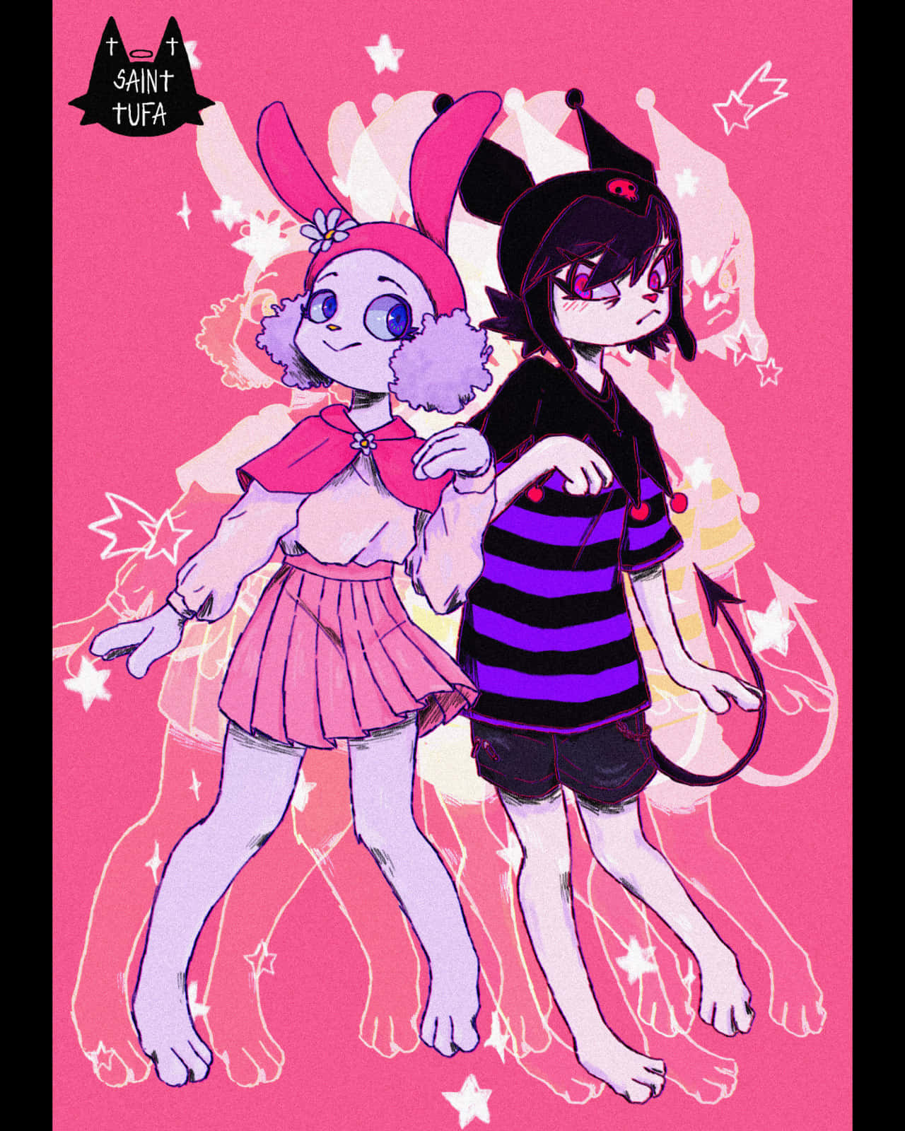 Kuromi Fanart 桌布 壁紙 — 兩個動漫風格的女孩子，有兔子耳朵和星星輪廓，站在一個鮮豔的粉紅色背景前。