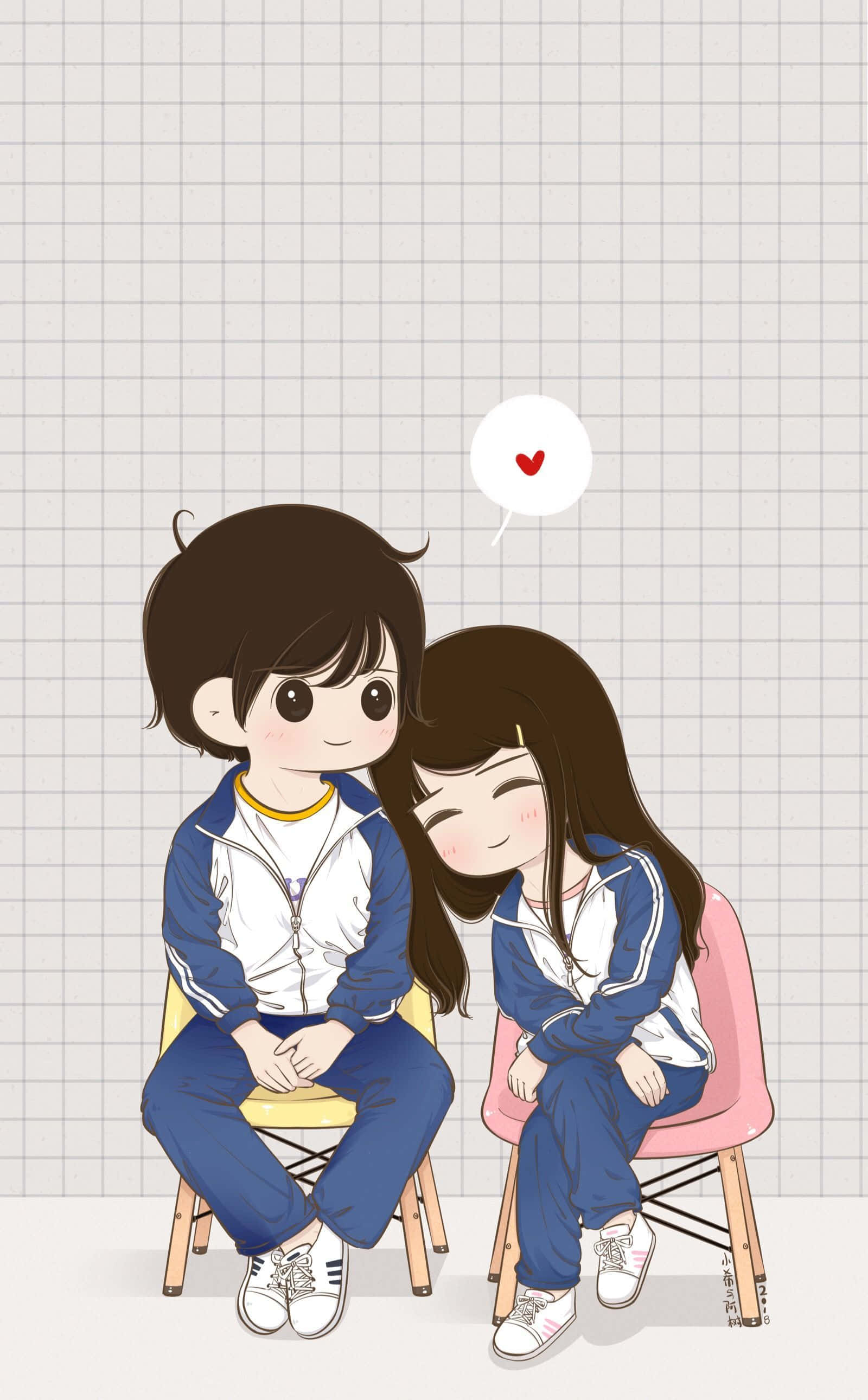 Couple Cartoon 桌布 壁紙 — 兩個動漫風格的學生穿著相配的藍色運動服坐在椅子上，頭頂有一個心形對話框，背景是網格。