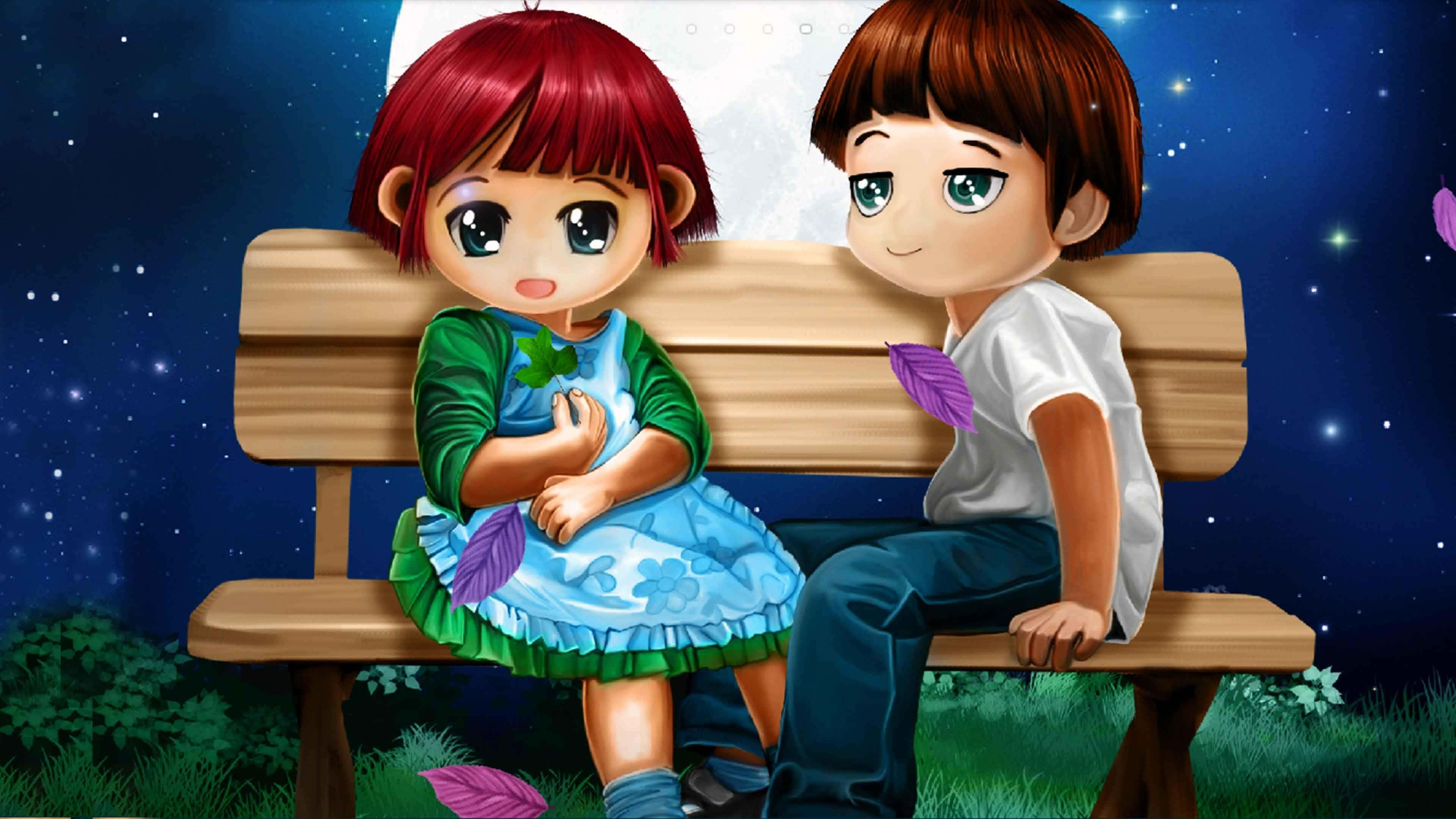 Couple Cartoon 桌布 壁紙 — 兩個動漫風格的小孩在滿月星空下的木長椅上緊挨著坐。