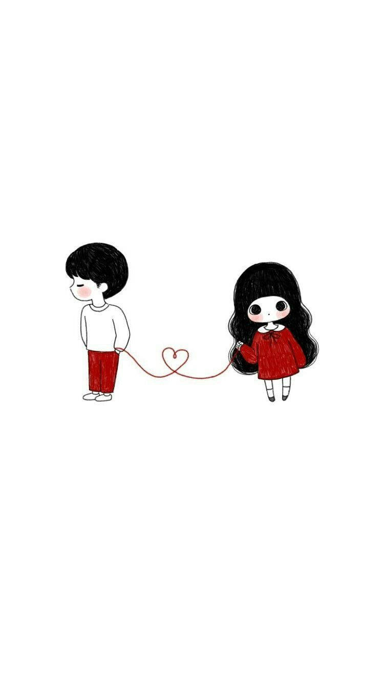 Cartoon 桌布 壁紙 — 兩個動漫風格的小孩手牽手，中間由一條紅色心形繩子連接，背景為純白色。