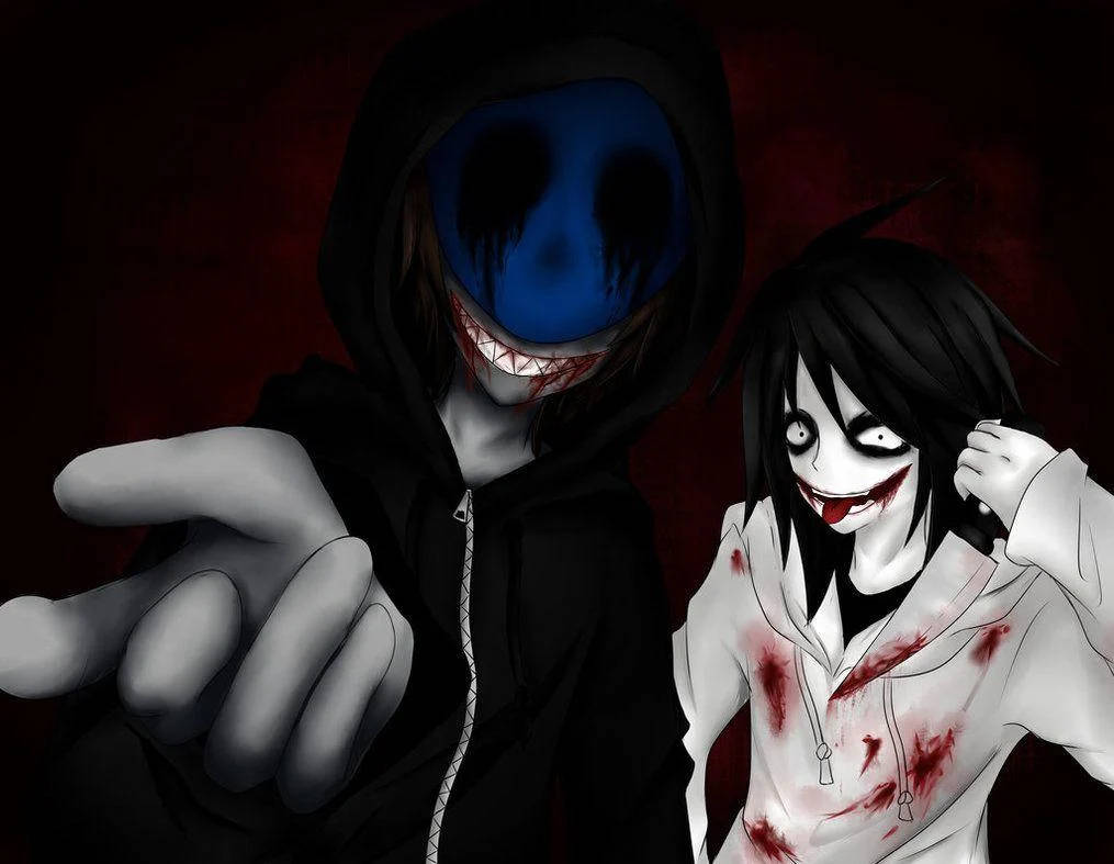 Eyeless Jack 桌布 壁紙 — 兩個動漫風格的恐怖角色，帶著血跡斑斑的笑容和黑暗背景，威脅地凝視著觀眾。