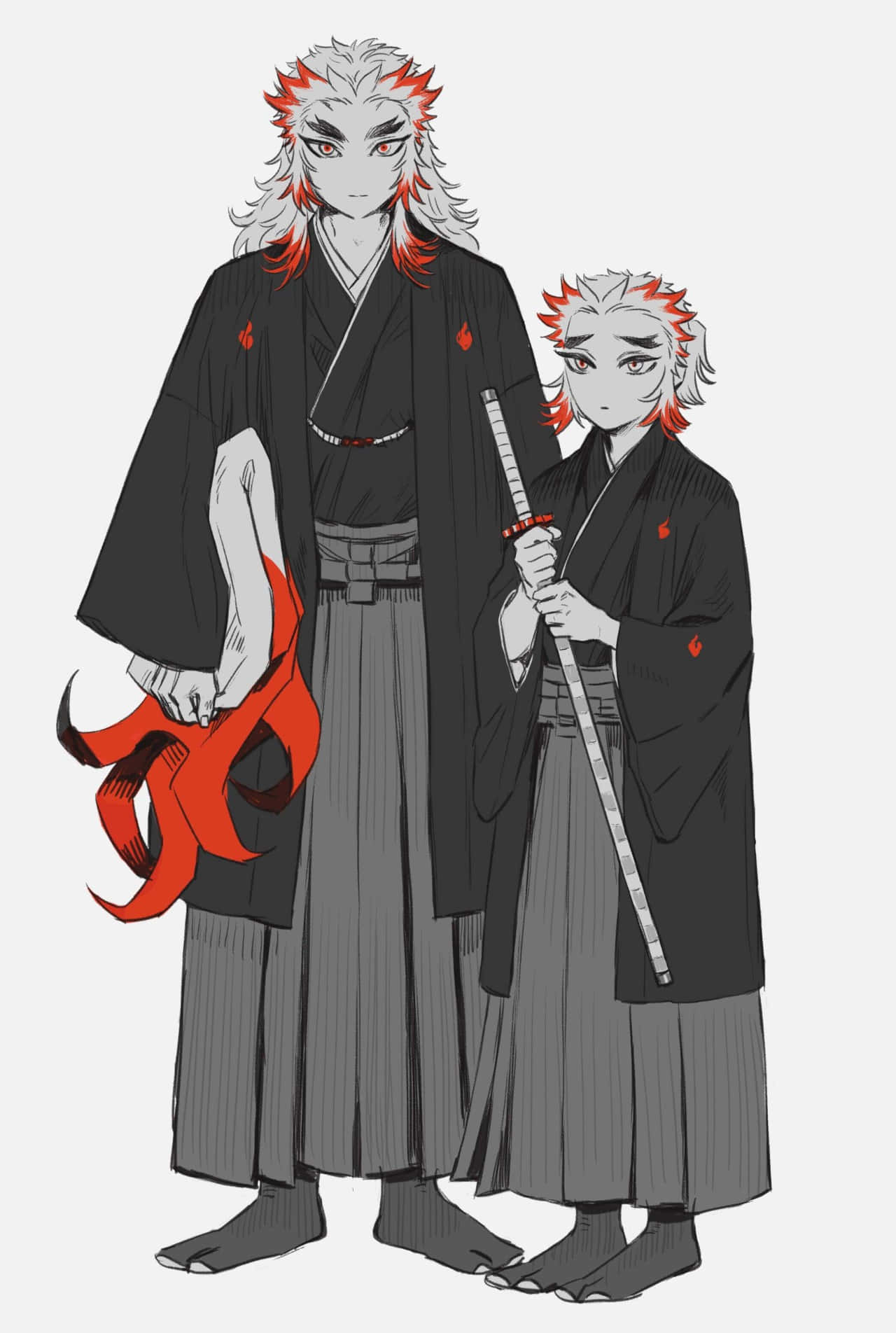 Senjuro Rengoku 桌布 壁紙 — 兩個動漫風格的惡魔殺手，白髮紅焰點綴，身穿黑灰色長袍，一個持劍，另一個持紅絲帶。
