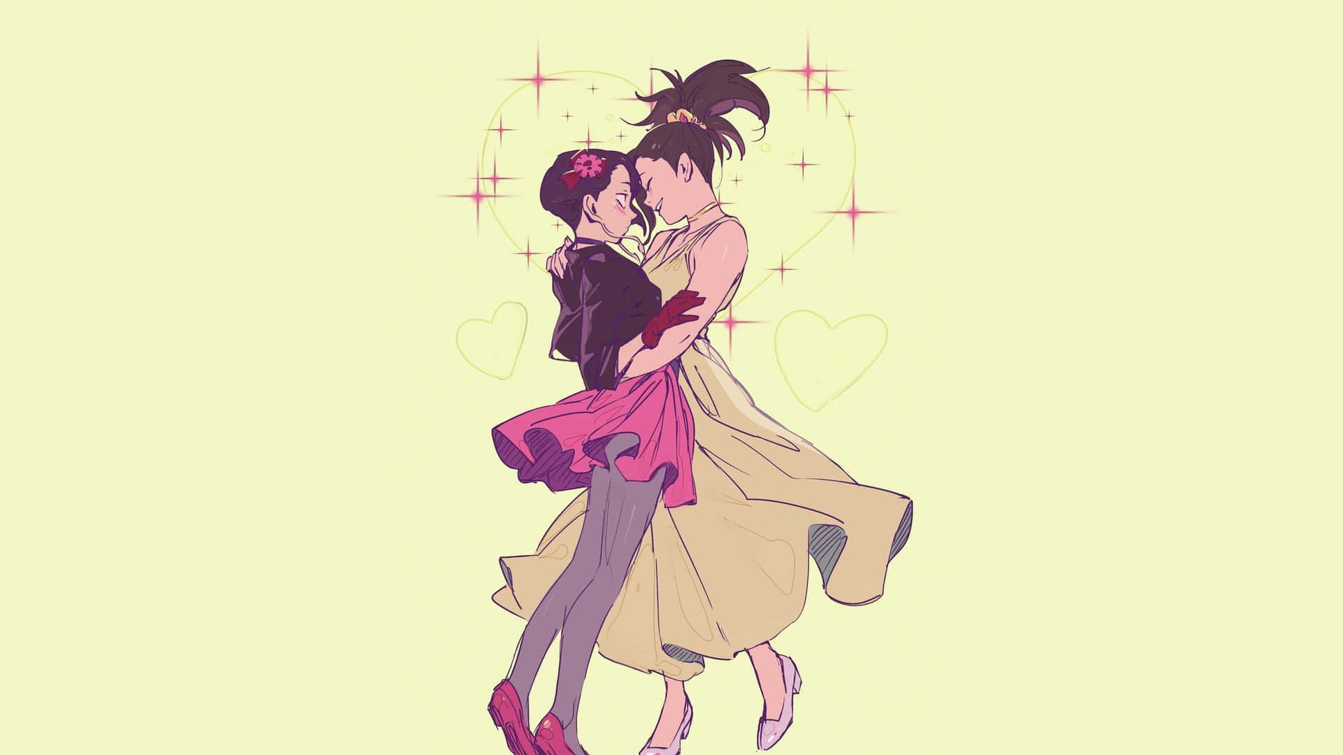 Momo Yaoyorozu 桌布 壁紙 — 兩個動漫風格的戀人在柔和黃色背景上，被發光的心形和閃光包圍，擁抱著跳浪漫舞蹈。