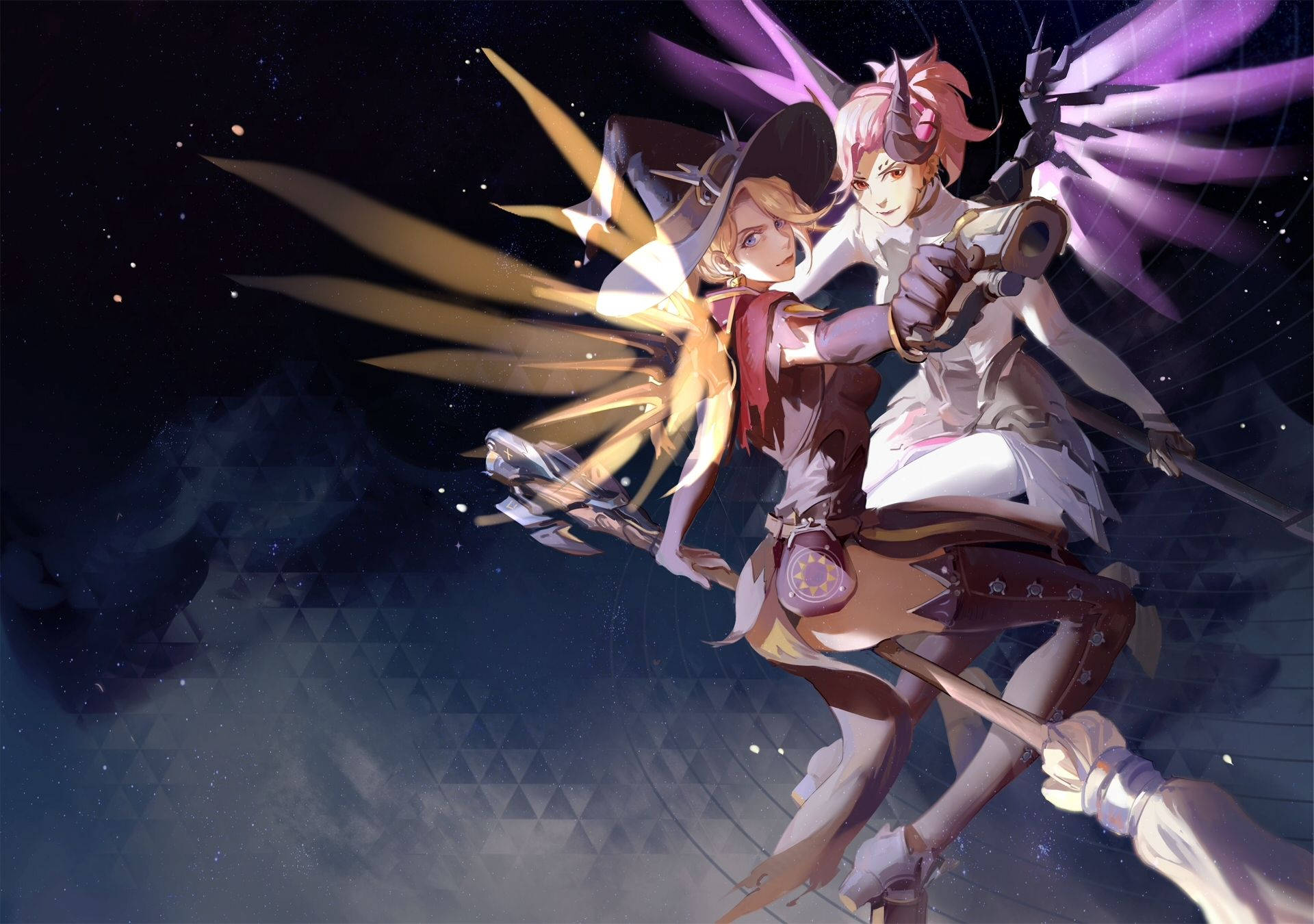 Mercy 桌布 壁紙 — 兩個動漫風格的戰士，擁有發光的翅膀，在黑暗星雲下的星空宇宙戰場上交鋒。