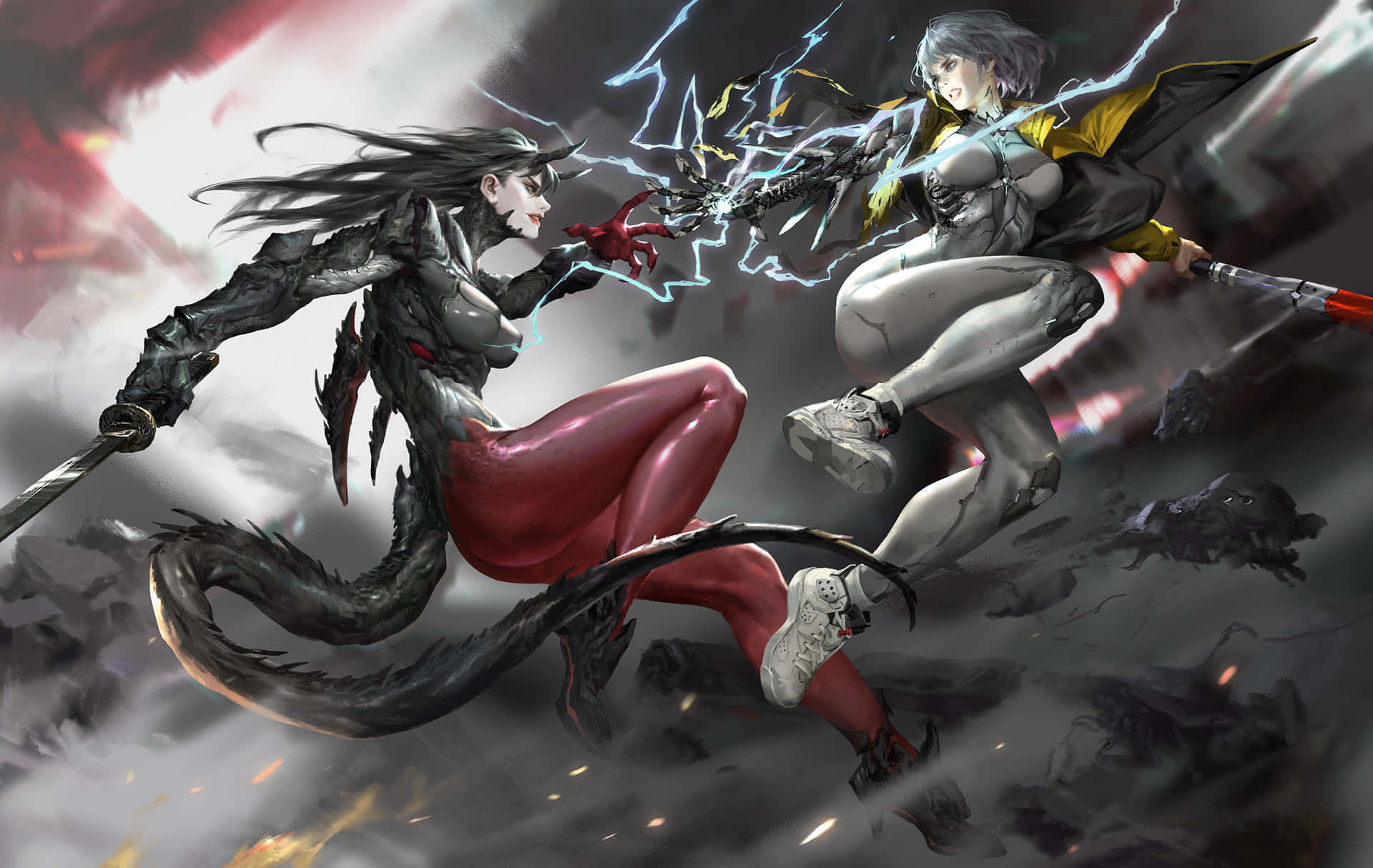 Demon Fighting 桌布 壁紙 — 兩個動漫風格的戰士在半空中碰撞，武器之間電光四射，背景風雨交加。