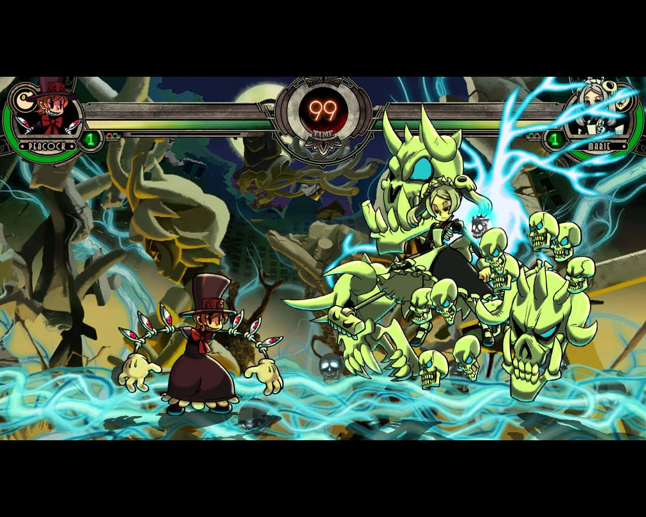 Fighting Games 桌布 壁紙 — 兩個動漫風格的戰士在混亂的競技場中戰鬥，伴隨著發光的藍色能量和骷髏怪物。