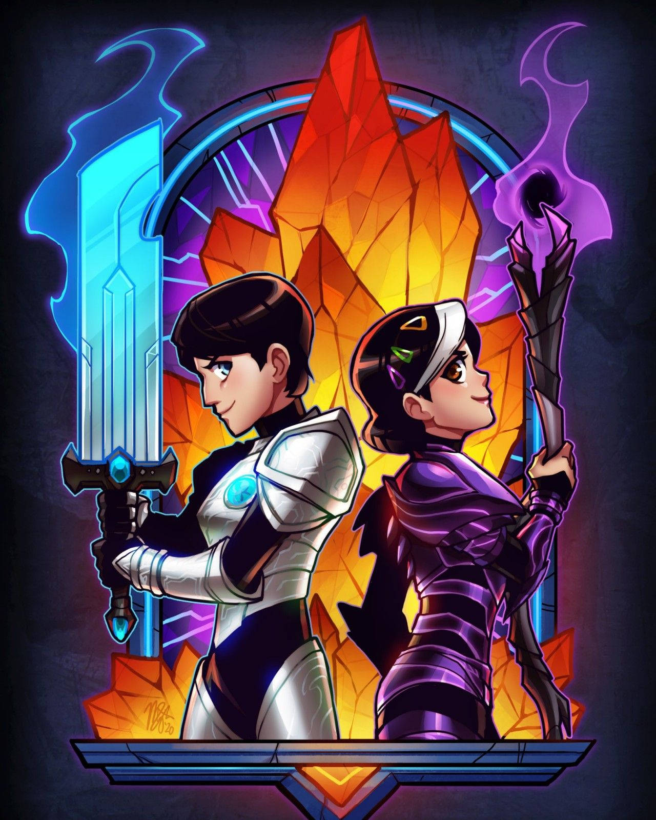 trollhunters tales of arcadia 桌布 壁紙 — 兩個動漫風格的戰士背靠背站立，一個揮舞著發光的藍色劍，另一個揮舞著紫色法杖，背景是火焰般的水晶背景。