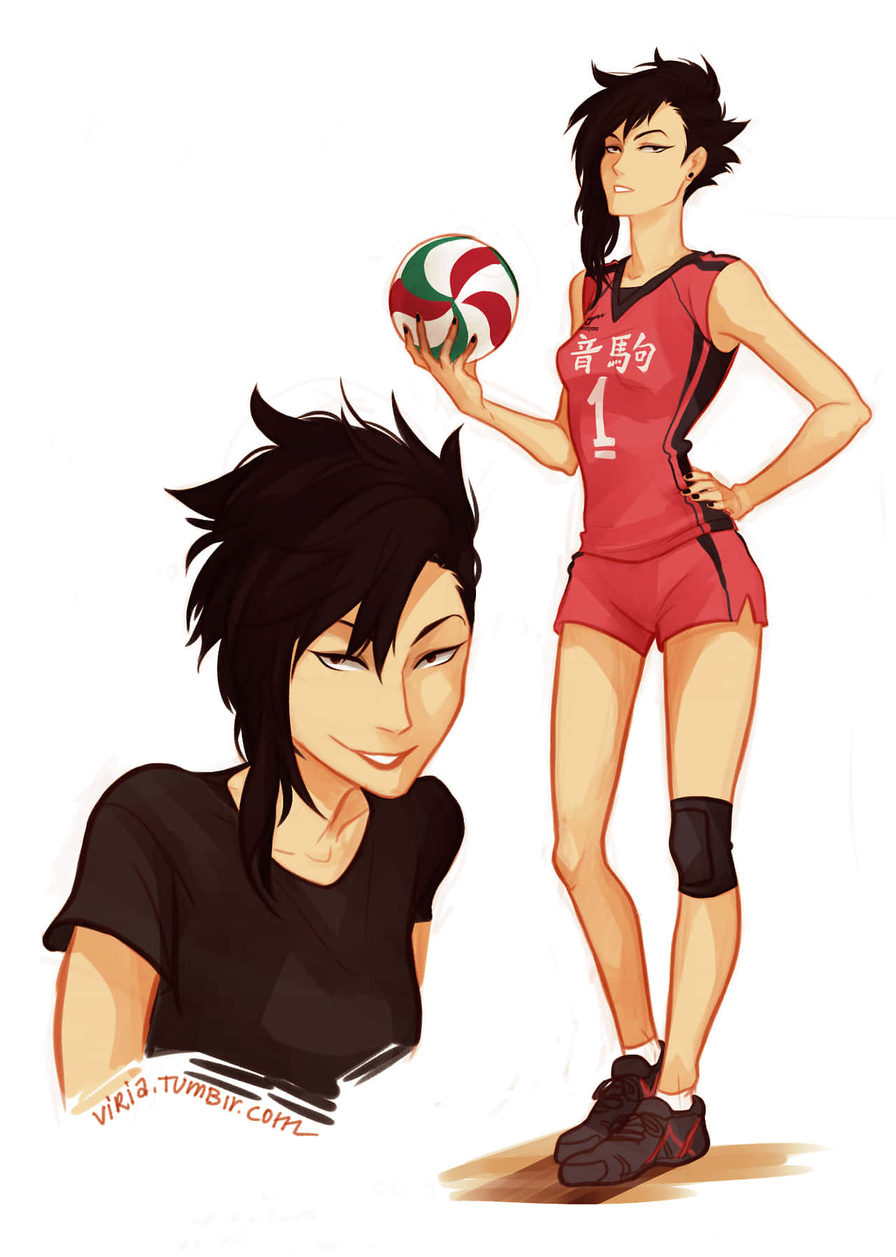 Haikyuu Nekoma 桌布 壁紙 — 兩個動漫風格的排球運動員，一個穿著紅色制服拿著球，另一個穿著黑色T恤微笑