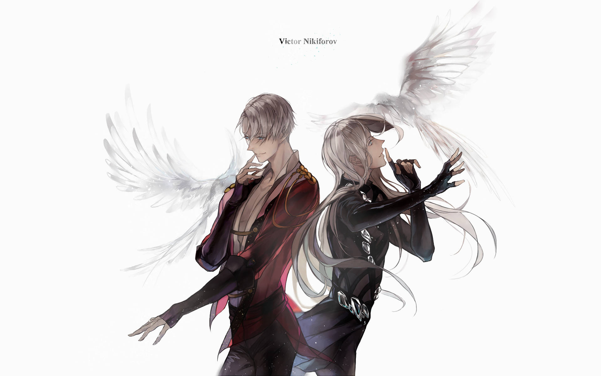 yuri 桌布 壁紙 — 兩個動漫風格的有翼人物在純白背景下擺出戲劇性姿勢，一個身穿紅色服裝，另一個身穿黑色。