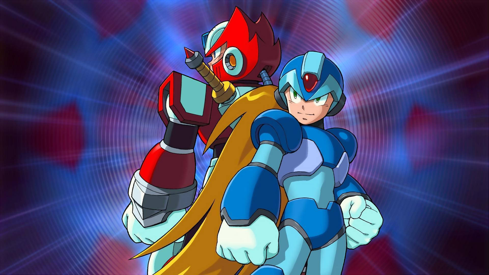 Megaman 桌布 壁紙 — 兩個動漫風格的機器人英雄英雄地站在充滿活力的藍色和紅色徑向爆發背景前。