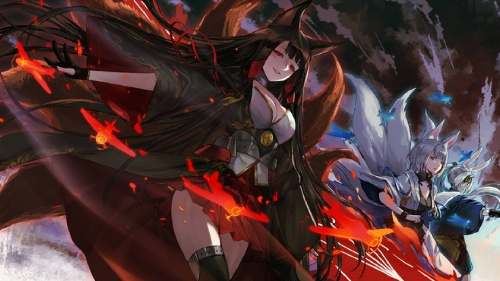 Fire Girl 桌布 壁紙 — 兩個動漫風格的狐女在動態戰鬥姿勢中，帶有火紅的能量效果，背景是暴風雨的黑暗背景。