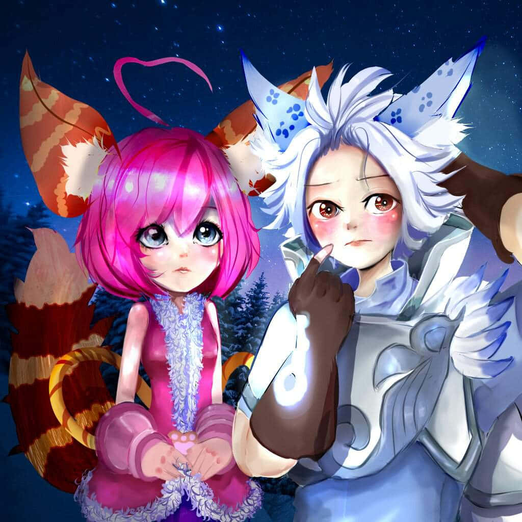 Mobile Legends 動態圖 桌布 壁紙 — 兩個動漫風格的狐狸角色，擁有發光的眼睛和蓬鬆的尾巴，站在星空下，背景是雪覆蓋的樹木。