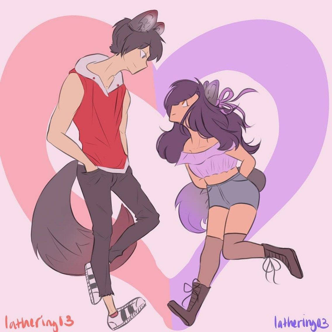 Aphmau 桌布 壁紙 — 兩個動漫風格的狐狸角色，有尾巴和耳朵，在粉紅色和紫色的心形背景上深情地互相凝視。