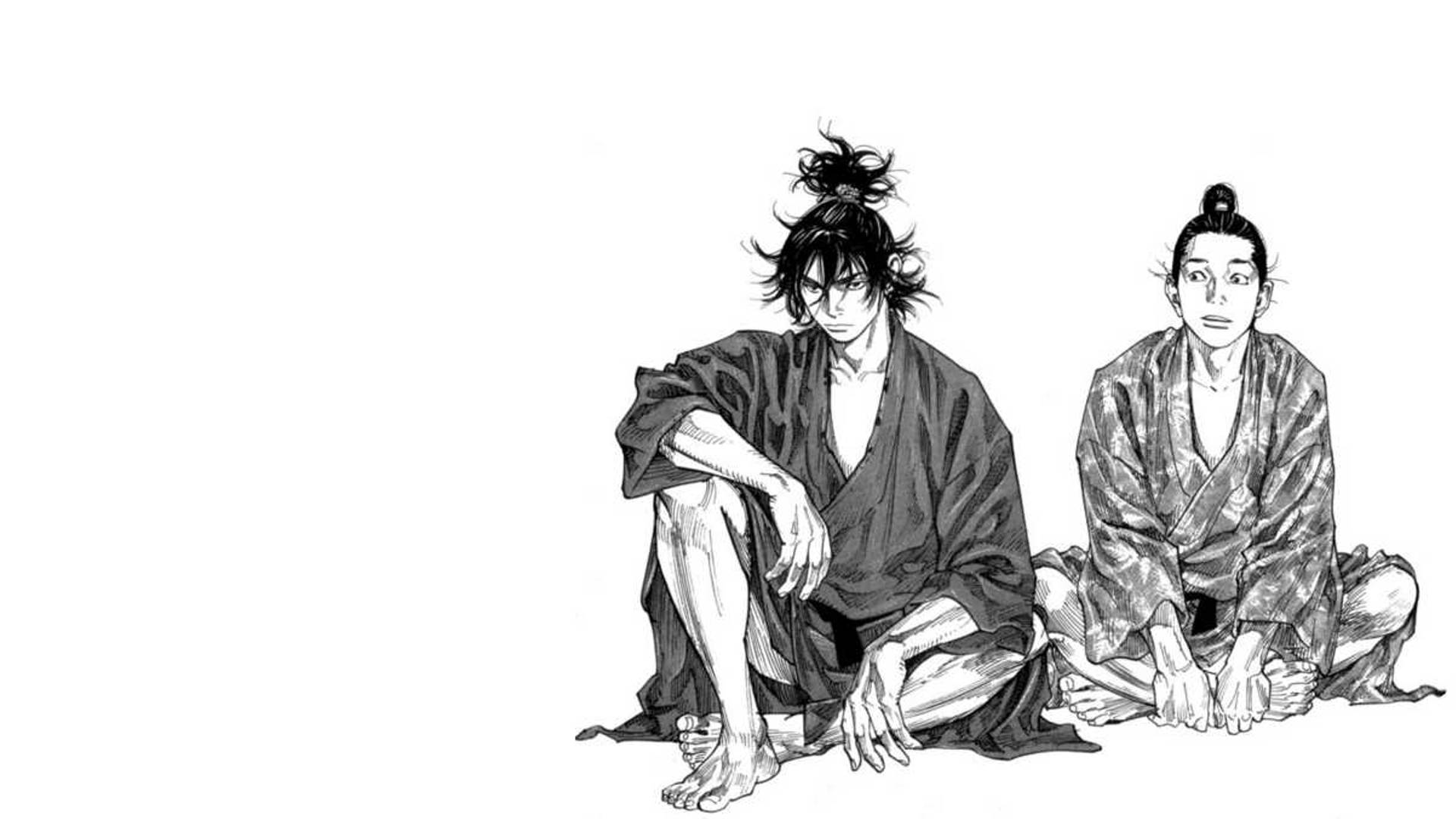 Vagabond 桌布 壁紙 — 兩個動漫風格的男人穿著傳統長袍，赤腳坐在純白色背景上，一個頭髮狂野、眼神銳利，另一個冷靜沉著。