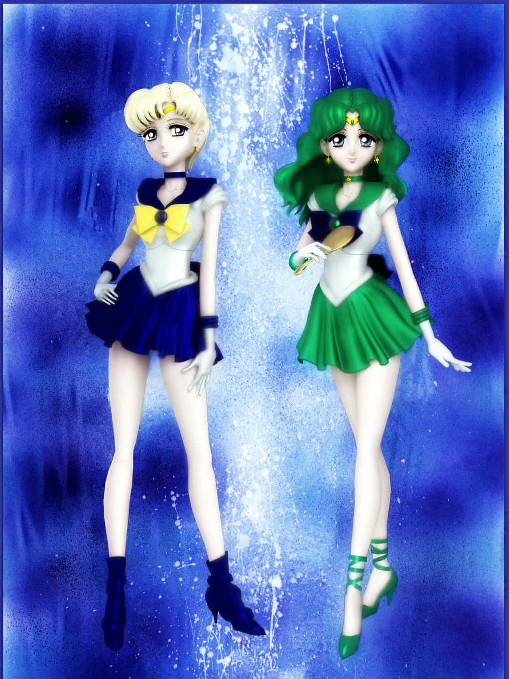 Sailor Uranus 桌布 壁紙 — 兩個動漫風格的美少女戰士角色在深藍色背景下漂浮在閃閃發光的藍色水滴中。