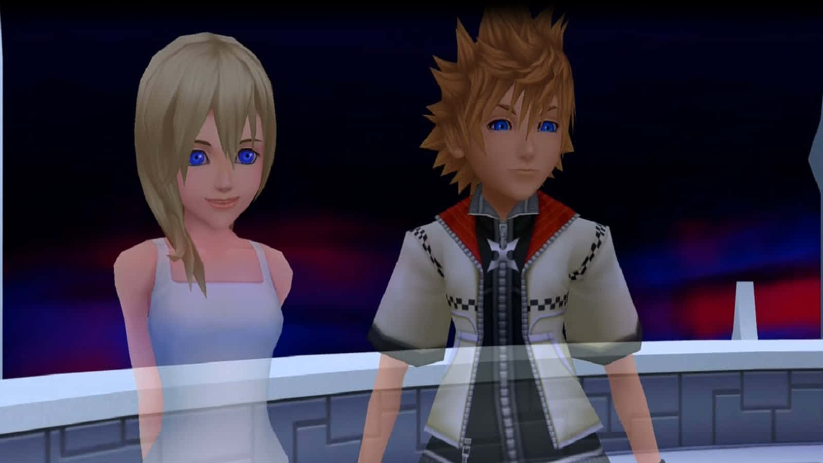 Kingdom Hearts Namine 桌布 壁紙 — 兩個動漫風格的角色並肩站立，背景是黑暗的宇宙，帶有發光的紅色和藍色色調。