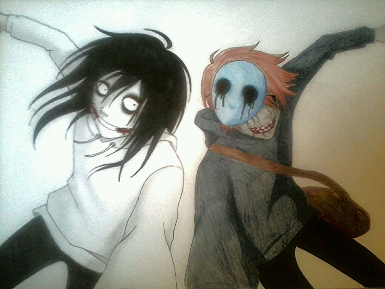 Jeff The Killer 桌布 壁紙 — 兩個動漫風格的角色帶著令人不安的表情在純色背景前擺姿勢，一個有黑髮和血淋淋的笑容，另一個有橙色頭髮和藍色面具。