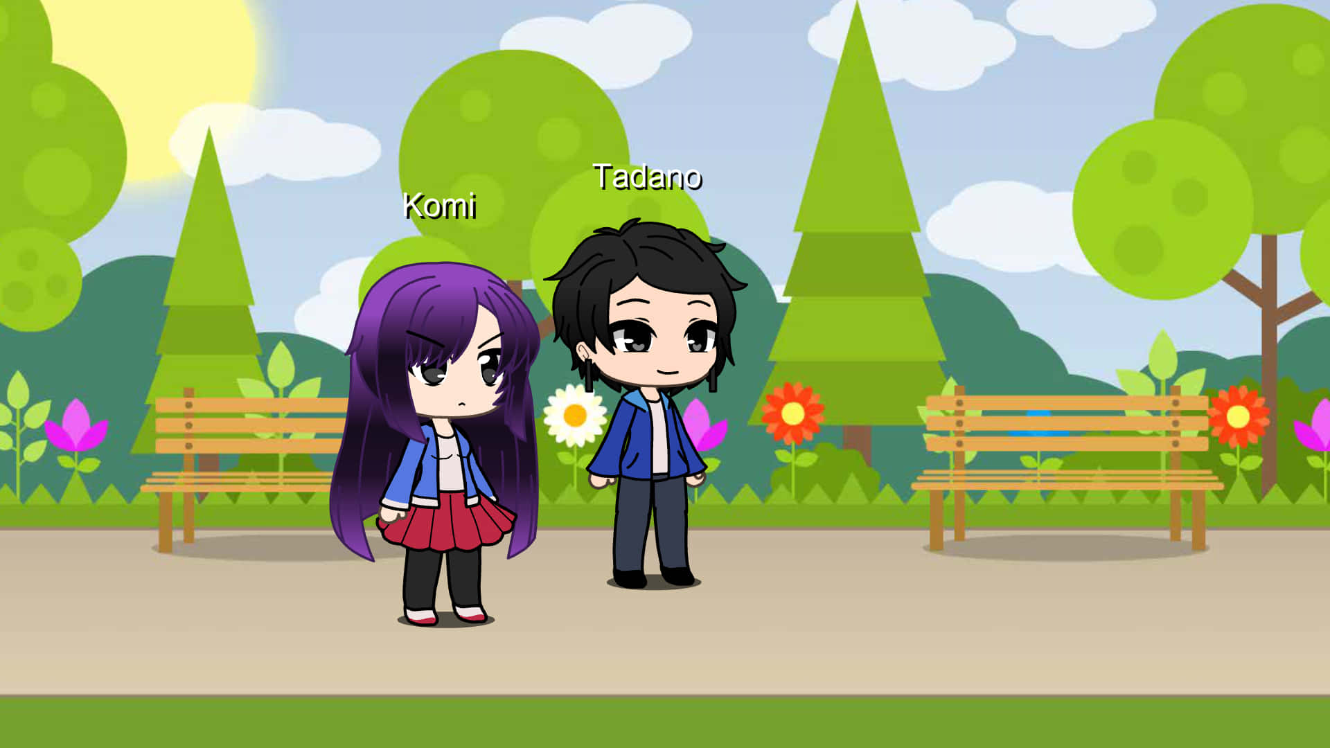Gacha 桌布 壁紙 — 兩個動漫風格的角色站在一個明亮的公園裡，有綠樹和色彩繽紛的花朵，在晴朗的天空下。